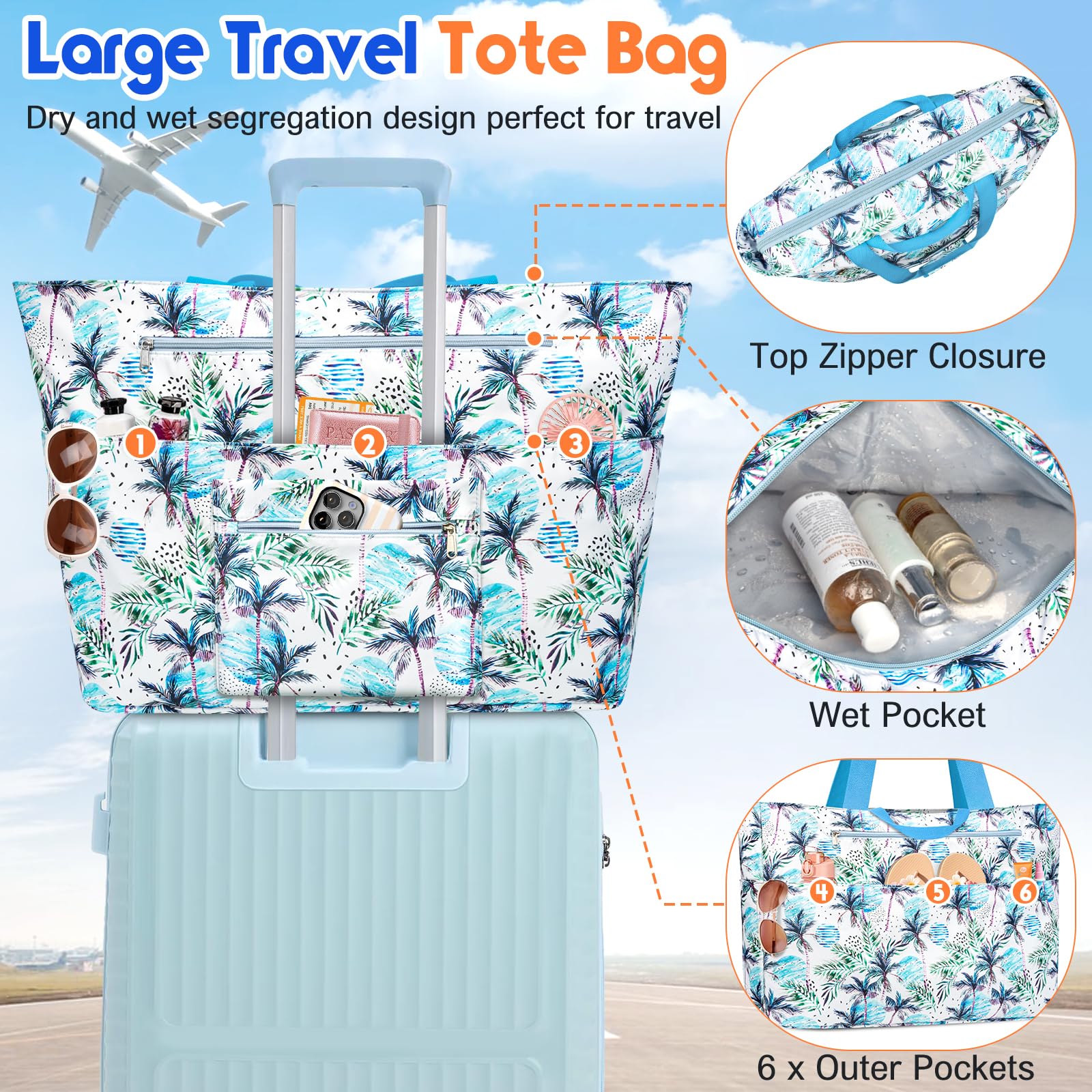 Grande Sac de Plage XXL Famille 50L Imperméable Sac de Voyage Femme avec Fermeture Éclair Pliable Sacs Cabas de Plage avec 14 Poches Beach Tote Bag Sacs a Main pour Gym Shopping