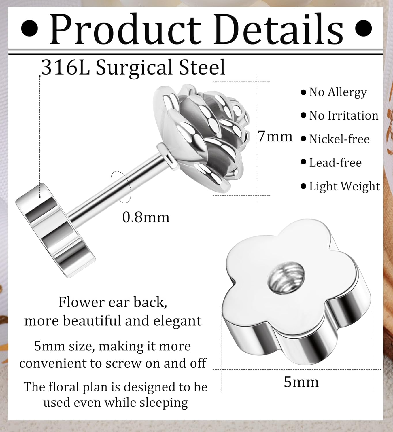 14K Gold Flower Earrings for Women Hypoallergenic Nap Flat Back Rose Flower Stud Earrings for Sensitive Ears Cute Handmade Cartilage Screw Back Earrings Studs - Image 3