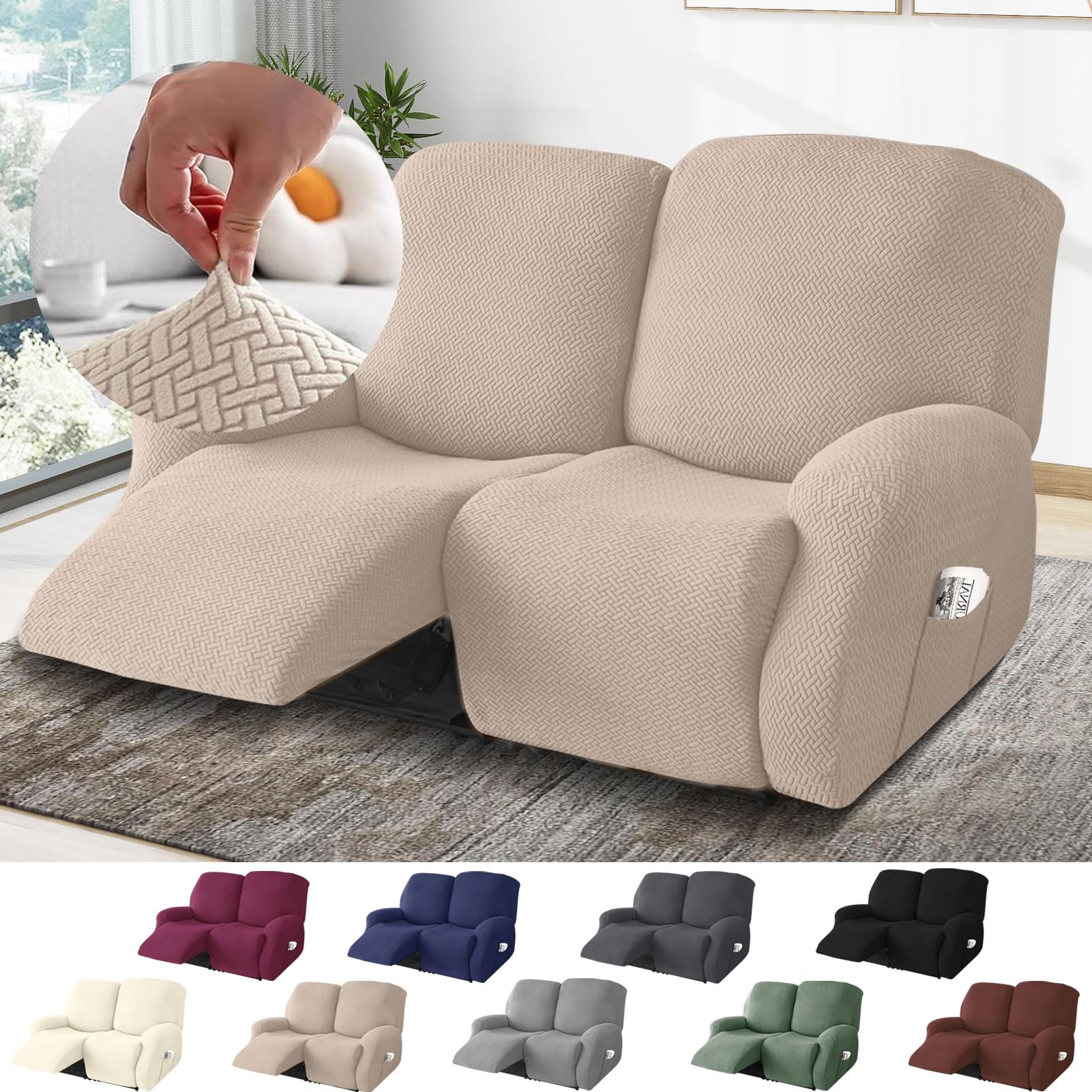 BOYIFEIJIE 2-Seater Recliner Sofa Covers, All-Inclusive Striped Jacquard Sofa Slipcover with Pocket, Non-Slip Stretch Recliner Protector for Living Room Recliner Sofa (Taupe, 6-Pieces)