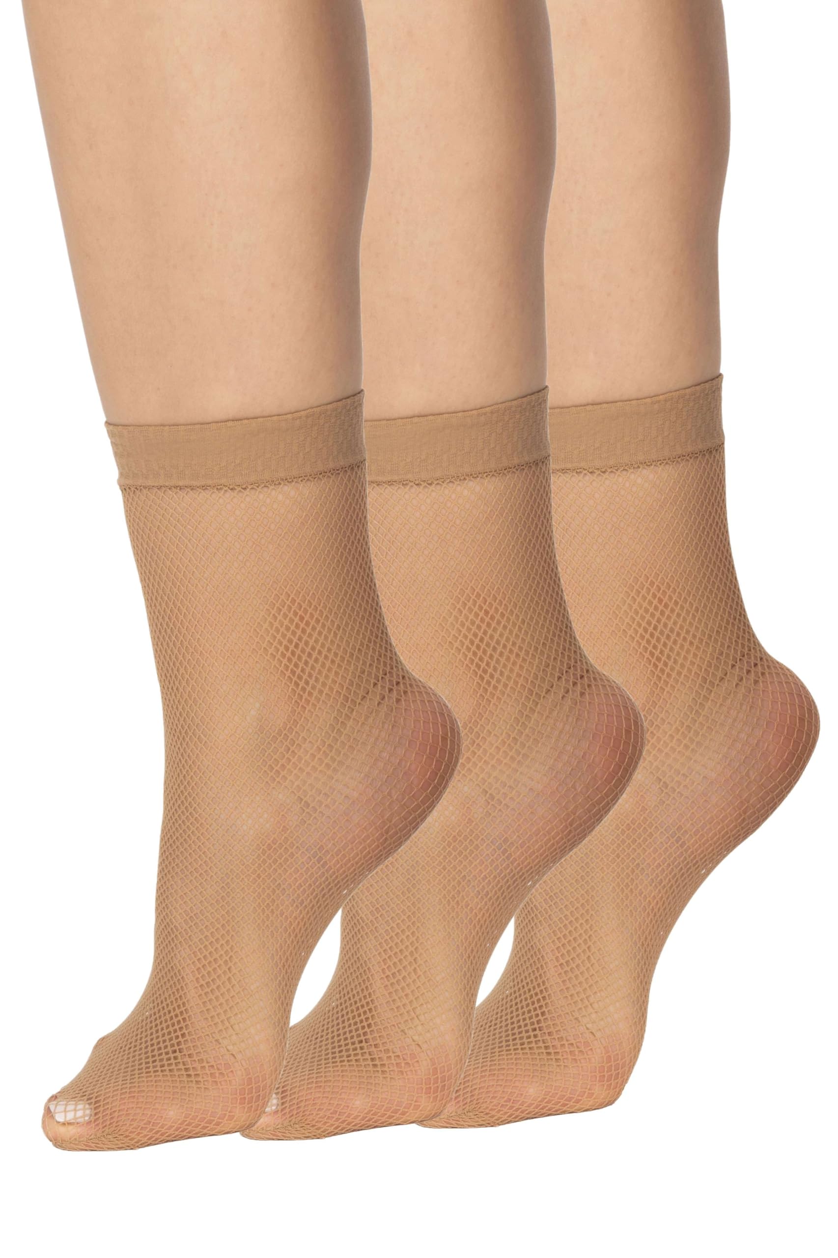 looksy 3 pairs Womens Natural Fishnet Socks Ankle Small Diamonds Free-Size Nella, Visone