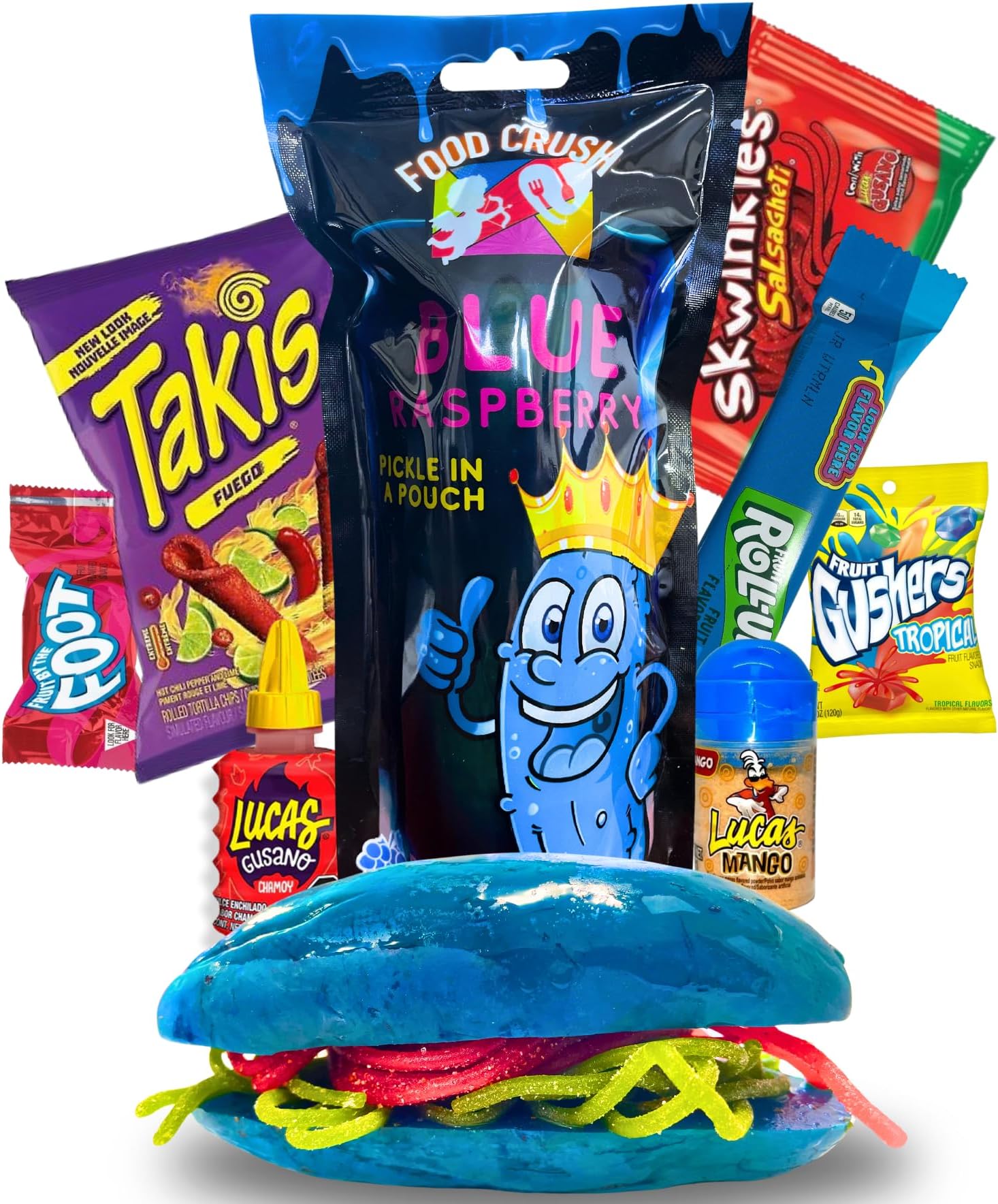 Blue Raspberry Pickle Kit With Takis-Mexican Candy Gift Box From Tiktok Fruit Rollup, Lucas Gusano Chamoy, Lucas Swinkles Salsagheti, Gushers, Mango Candy Powder-Tiktok Trend Item by Food Crush