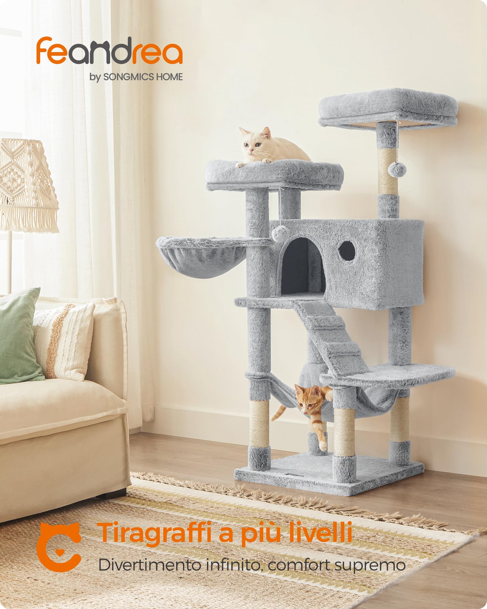 Feandrea Albero per Gatti, Tiragraffi, Morbido, Ombré Grigio Bianco PCT162W01