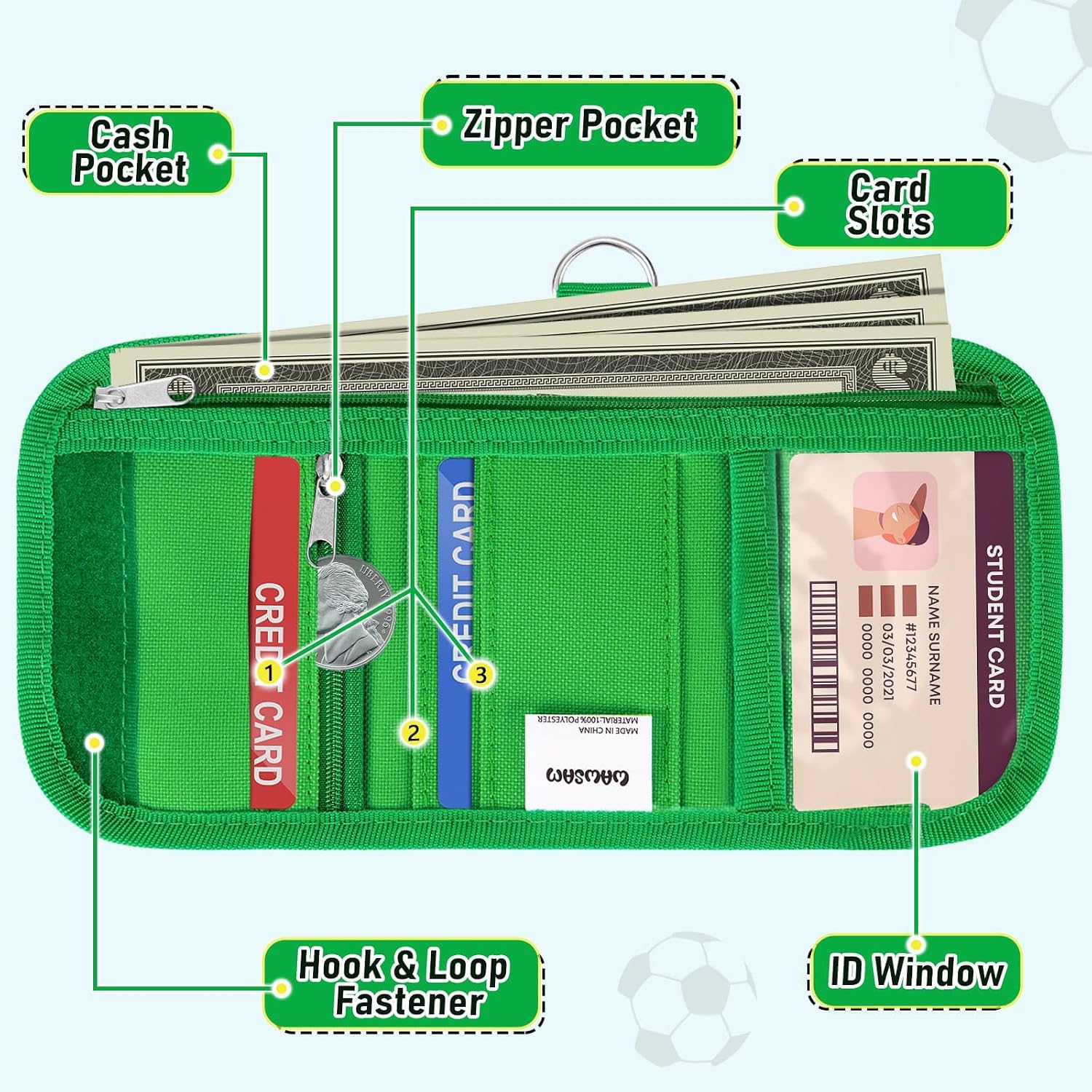 WAWSAM Kids Wallet for Boys, Soccer Trifold Boys Wallet for Kids Ages 4-18, Novelty Wallet with Zippered Coin Pocket and Card Holders Lanyard, Christmas Birthday Gift for Boy Children