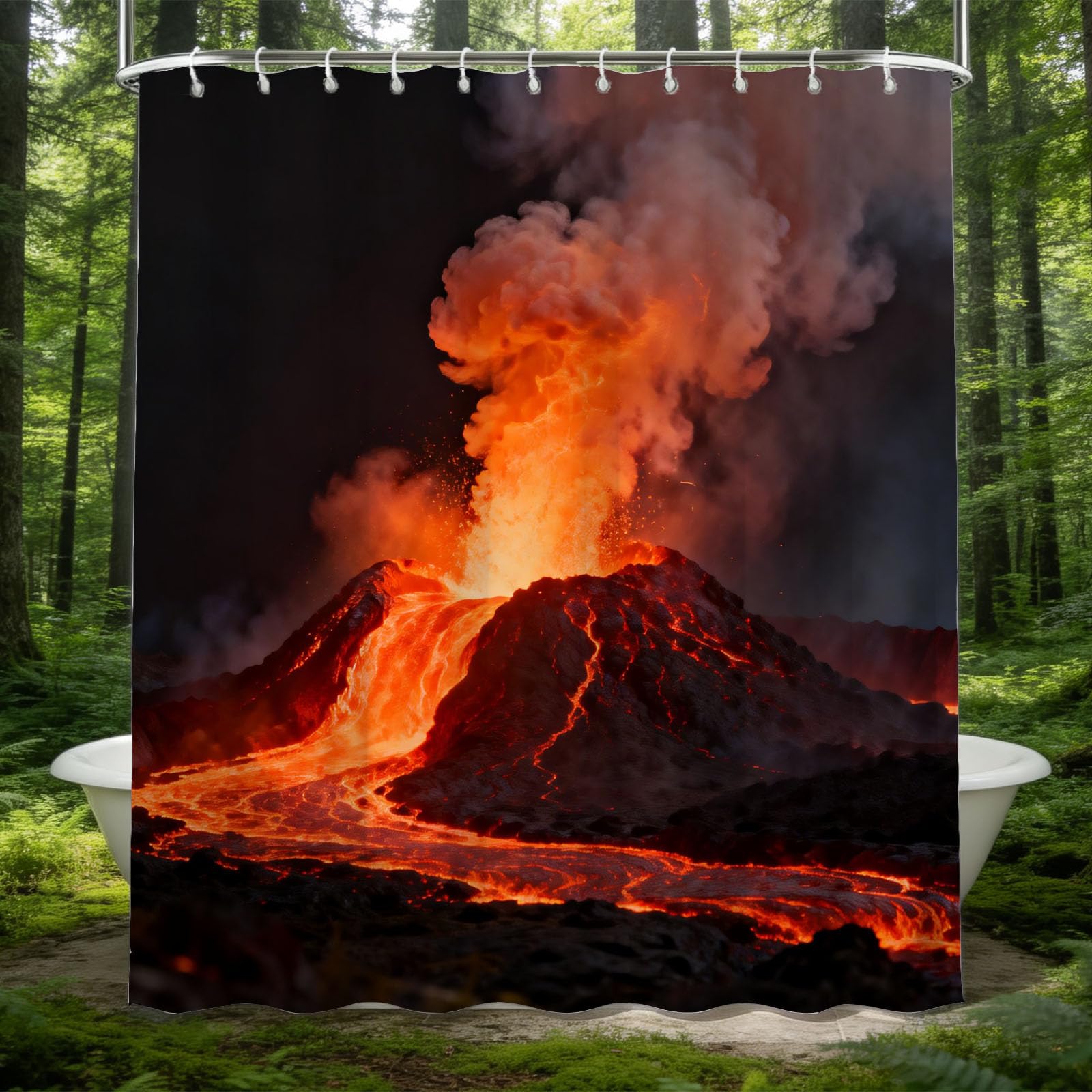Hongduo 3D Volcano Shower Curtain for Stalls Bathtubs Chic Flame Bathroom Decor Shower Curtain Set Polyester Fabric Waterproof 180x200cm/71X79 Inch with Hooks