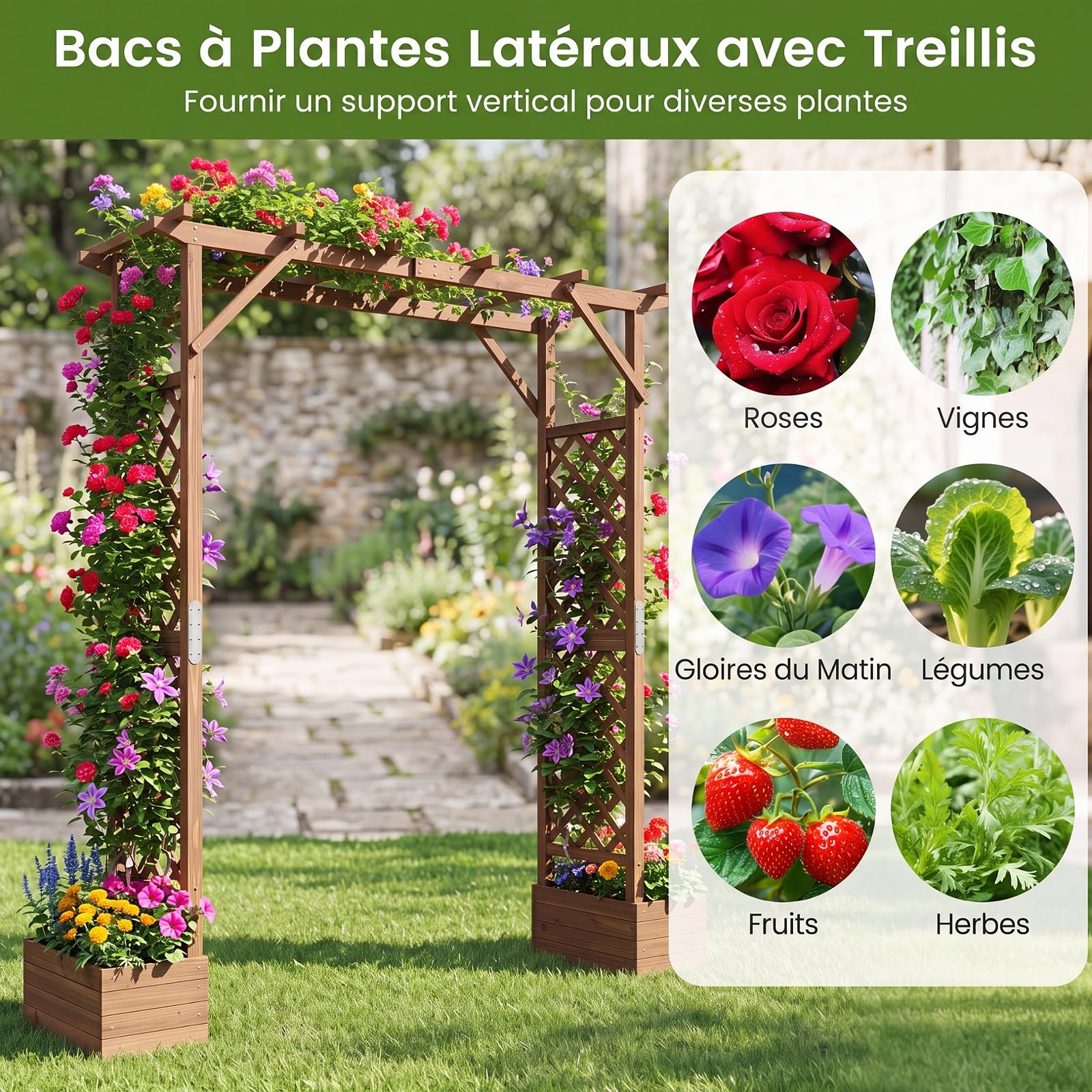COSTWAY Arche de Jardin en Bois de Sapin, avec 2 Bacs à Fleurs | Pergola Extérieur Toit Suspensions, Treillis Latéral pour Plantes Grimpantes, Décoration Entrée Patio, 208 x 55 x 220 cm