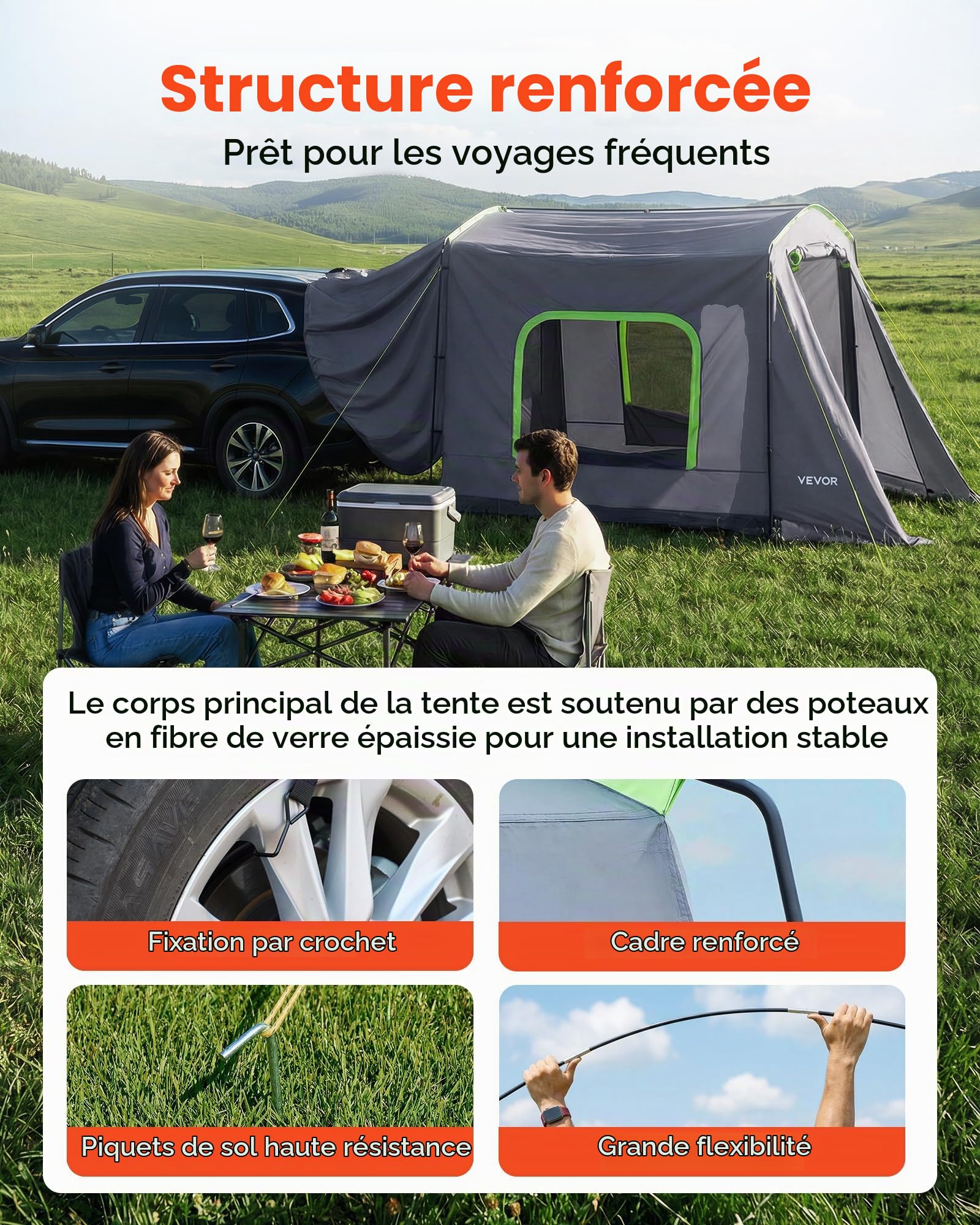 VEVOR Grand 3 Saison SUV Tente pour 5-8 Personnes, Tente de Lit Camion, Vert, Aluminium Pologne, Imperméable PU2000mm, Auto Camping, Randonnée