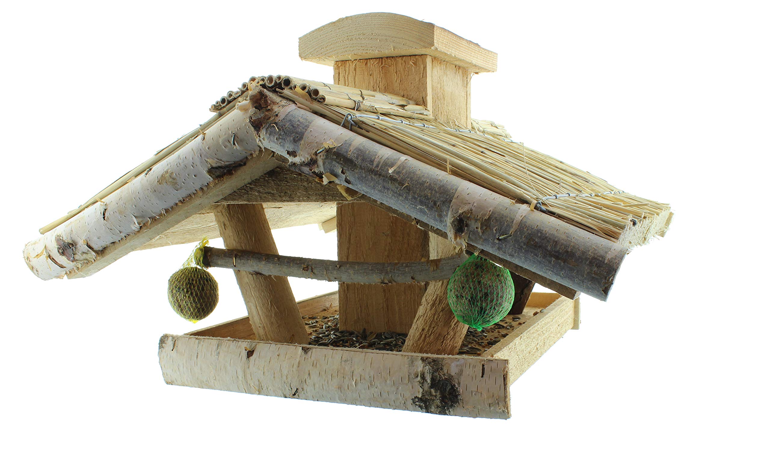 Vogelhaus Futterhaus Vogelvilla Heide aus Echtholz mit Futtersilo und Ständer XXL 145cm Höhe 60cm Breite