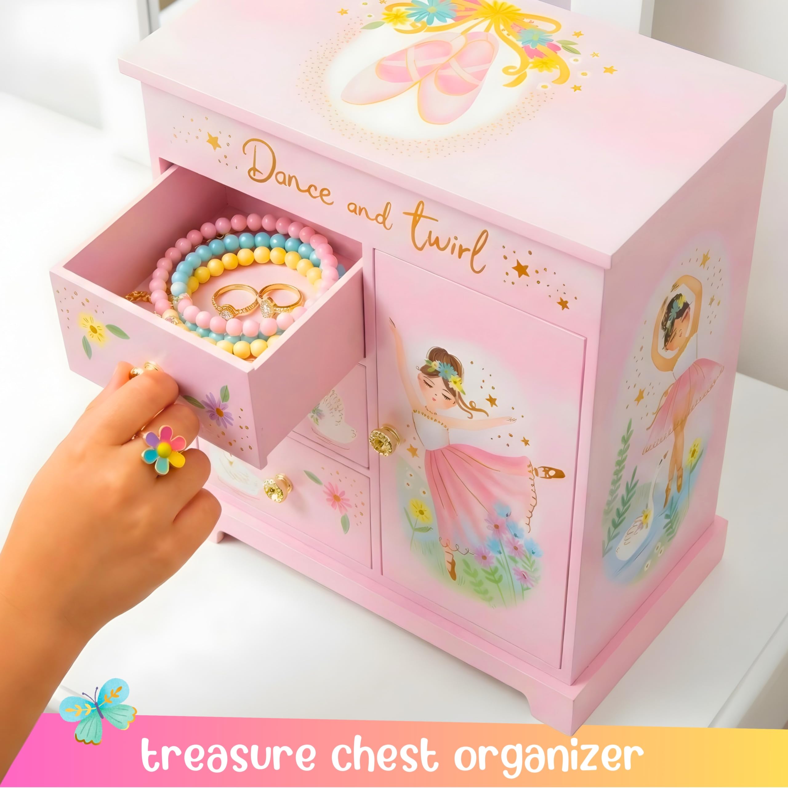 Giggle & Honey Caja de Música Grande con Bailarina y Tres Cajones para Niñas - Joyero Musical con Espejo, Regalo Cumpleaños 3-10