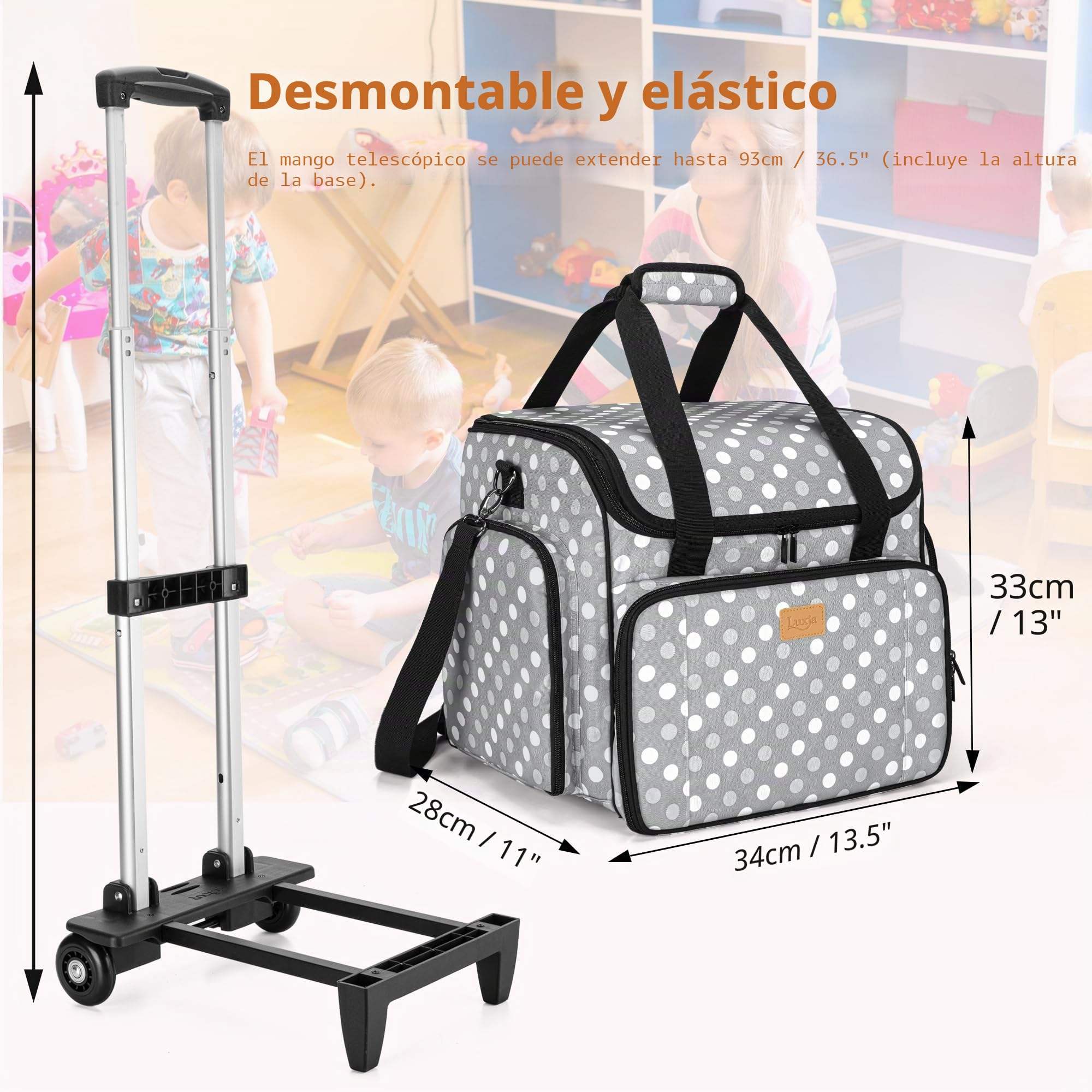 Luxja Bolsa de Profesora con Carro Desmontable, Bolso para Maestra con Múltiples Bolsillos y Almohadilla de Soporte Inferior, Puntos Grises