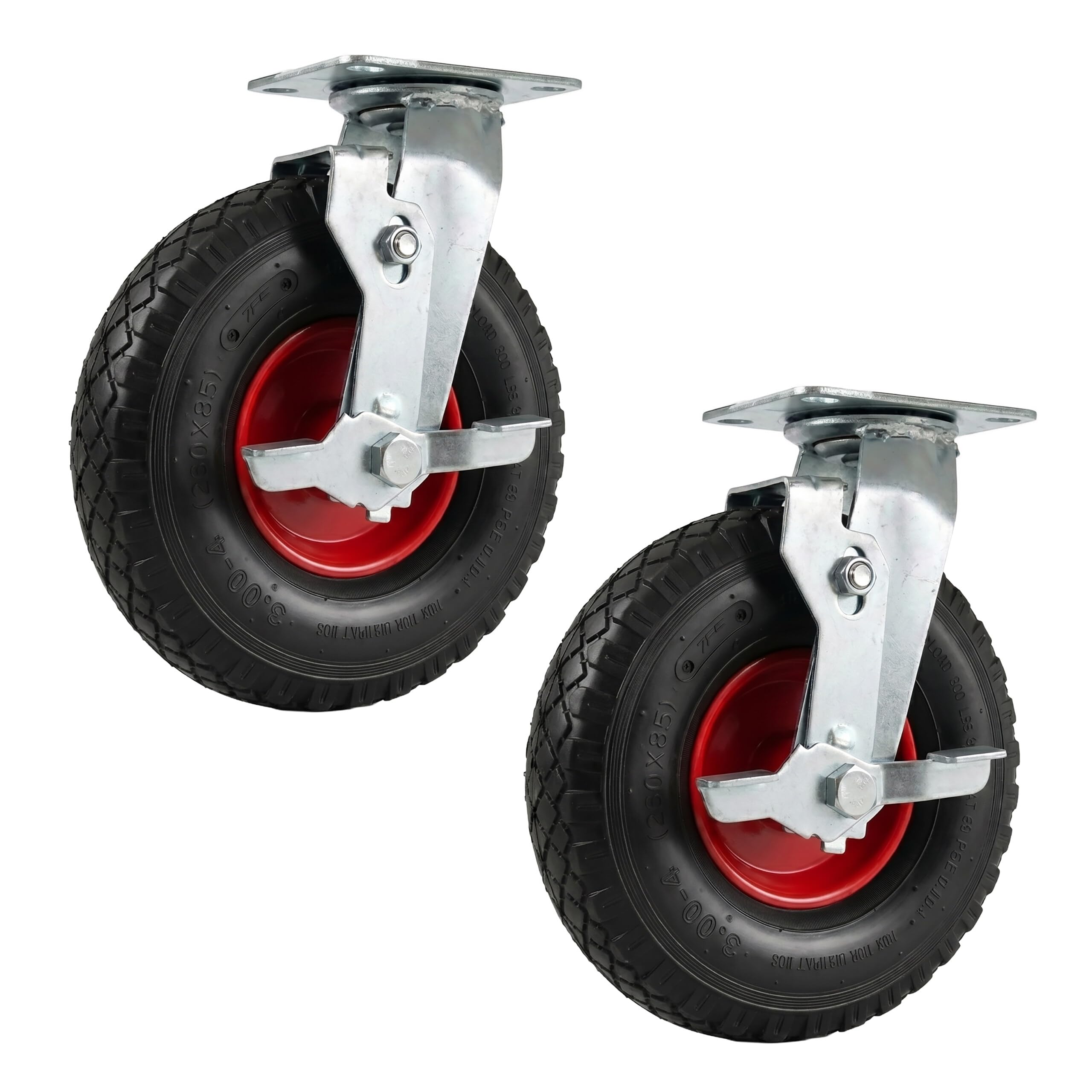 Relaxdays Lenkrolle mit Bremse, 2er Set, 3.00-4, 120 kg, schwarz/rot | luftbereift, Gummi, Stahl Platte, Schwertlastrolle