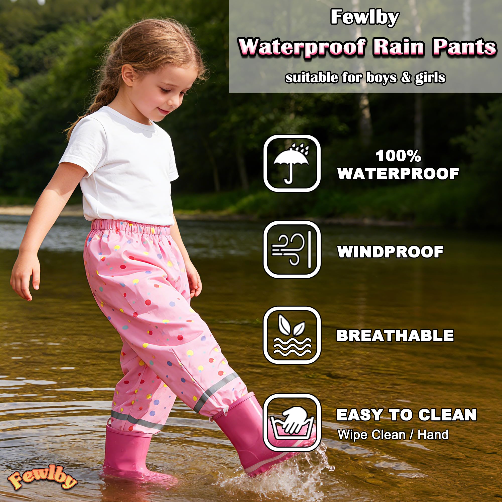 Fewlby Pantaloni Impermeabili Bambino, Pantaloni Antipioggia Ragazze Ragazzi Leggero Pantaloni Pioggia Tuta Impermeabile, 1-2 Anni