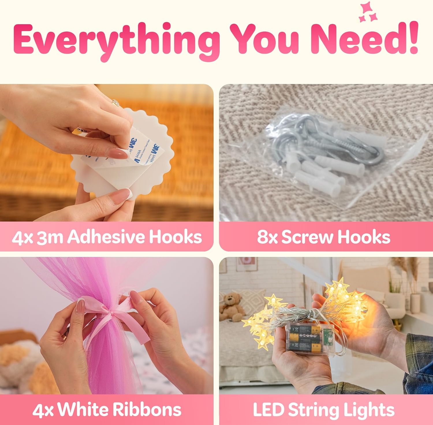 Bollepo Bed Canopy Curtains - 4 Corners (Rainbow), Pink & Purple