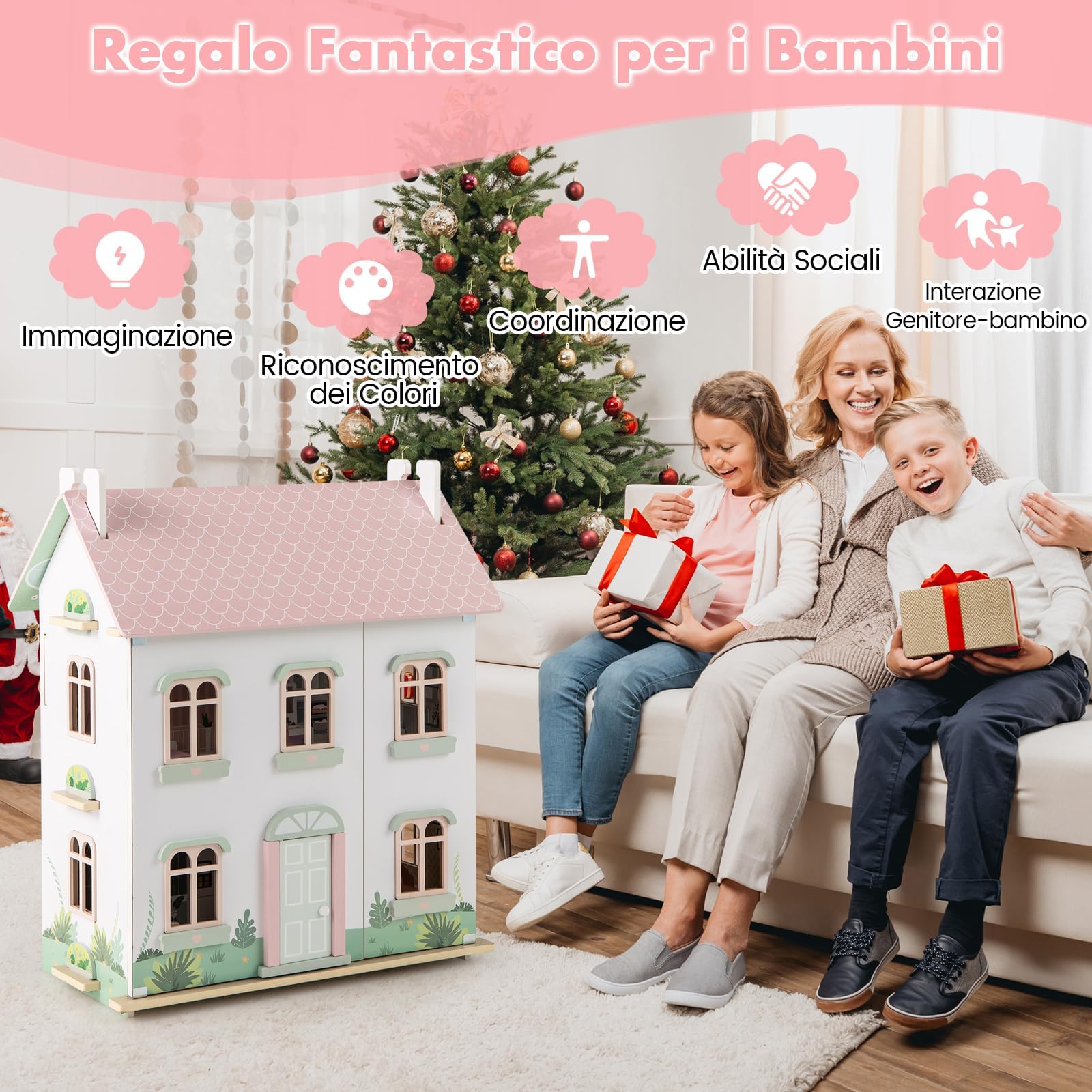 RELAX4LIFE Casa de Muñecas de 3 Pisos con Muebles, Tejado Doble y Panel Frontal Abierto, Casa de Muñecas Madera para Niños de 3-7 Años, Regalo para Niños, 55 x 33,5 x 66 cm, Rosa
