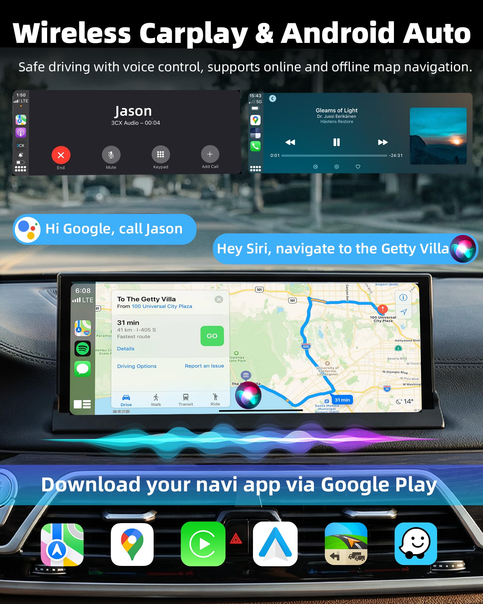 11,26 Zoll Wireless Carplay Display Android Auto Display mit Netflix YouTube TikTok Android 15 Car Play Autoradio mit Bildschirm Dual-Bluetooth OTA Navigation Sprachsteuerung Rückfahrkamera 1080P