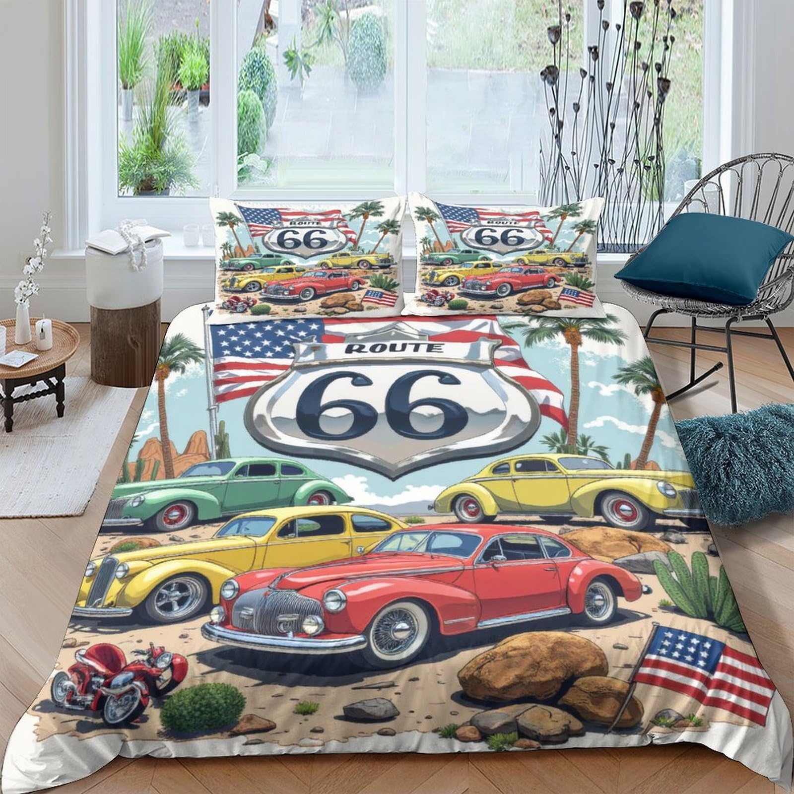 3D Design Cosy Microfibre Classic cars USA Quilt Cover Sets Soft Bedding Set with Pillow Cases Vintage road trip art Bedding Quilt Cover All Season Machine Washable for Home Decor King（220x240cm）