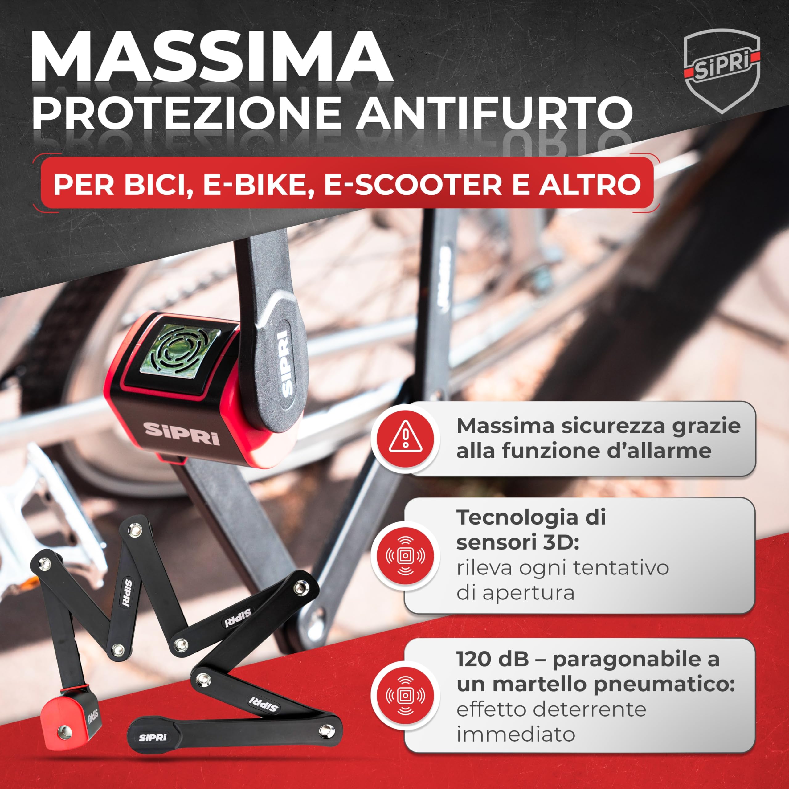 SIPRI Lucchetto pieghevole per bicicletta con allarme, 120 dB, pieghevole, ad alta sicurezza, per e-bike, scooter e moto, in acciaio da 8 mm, 116 cm, resistente alle intemperie, robusto lucchetto con