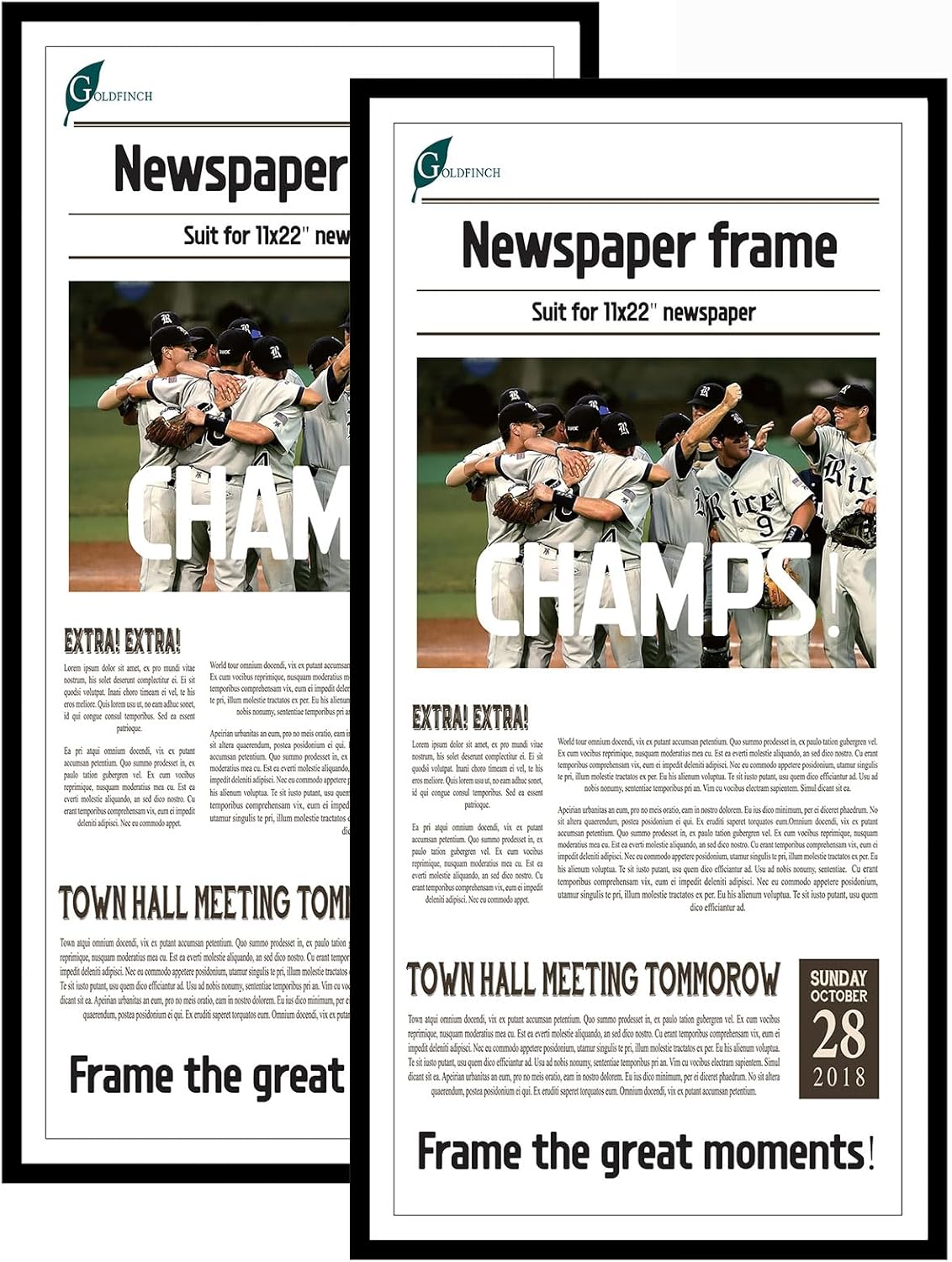 Goldfinch 2 Packs, 11x22 Newspaper Frame to Hold Assorted Media, Article Cover Frame with Polished Plexiglass, Includes Installed Wall Hangers (2, Black) Black 2