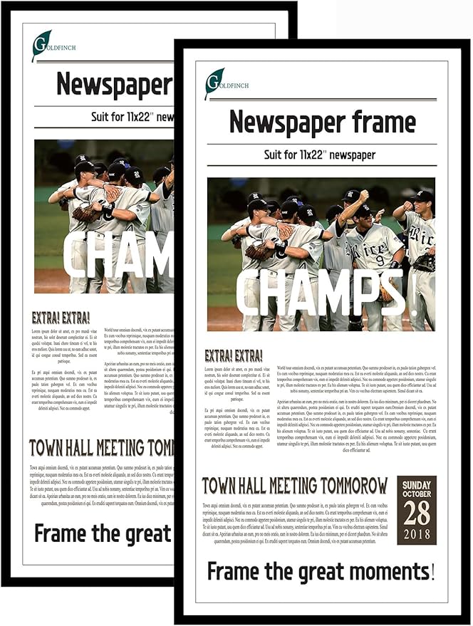 Goldfinch 2 Packs, 11x22 Newspaper Frame to Hold Assorted Media, Article Cover Frame with Polished Plexiglass, Includes Installed Wall Hangers (2, Black)