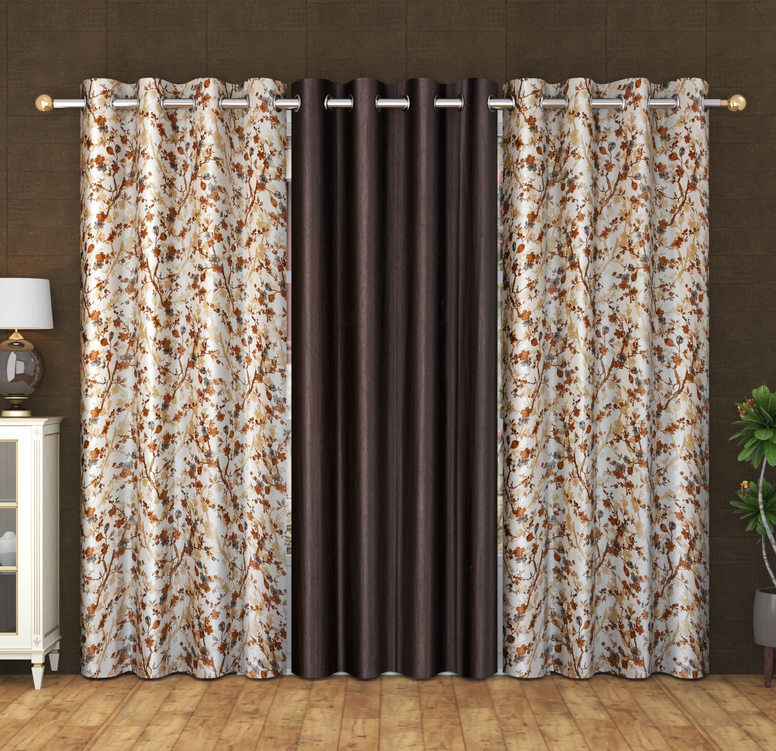Baizevio Polyester Floral Print and Solid Plain Texture Window Curtains Set of 3, Brown (6 feet) (B0BPDMXQR9) Amazon Price History, Amazon Price Tracker