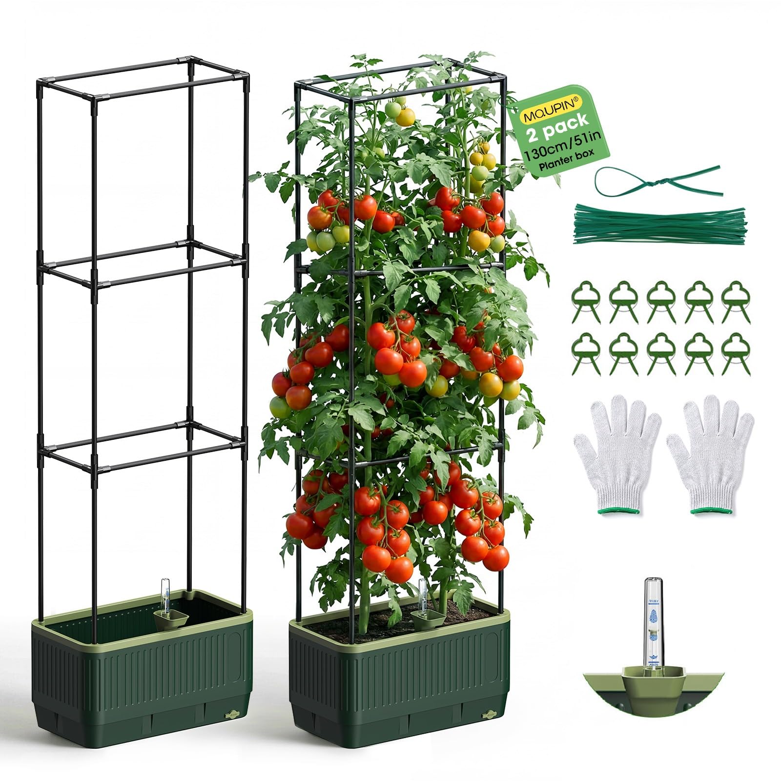 MQUPIN Raised Garden Bed Planter Box, Self Watering Tomato Planter with Water Level Indicator, Garden Tomato Cage for Indoor & Outdoor Climbing Vegetables, Plants & Flowers (2)