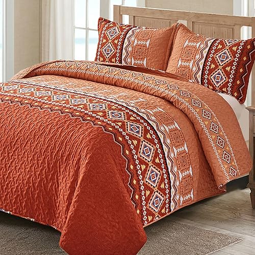 WONGS BEDDING Juego de edredón bohemio California King, 3 piezas, color naranja quemadoóxido, juego de colcha ligera con estampado geométrico con 2 disponible en Yaxa Peru