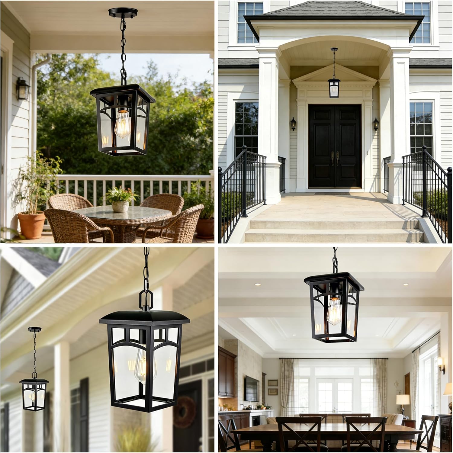 Outdoor Hanging Light, Farmhouse Black Porch Pendant Lantern with Clear Glass, E26 Base Modern Exterior Chandelier for Front Door, Patio, Entryway, Gazebo, Backyard