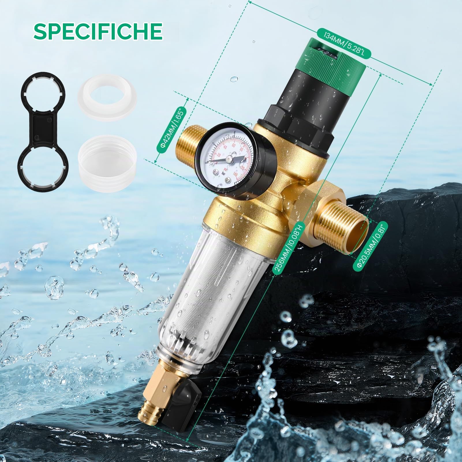 Riduttore di Pressione Acqua 3/4, con Manometro Pressione Acqua, Regolatore di Pressione in Ottone, per La Regolazione della Pressione dell'Acqua
