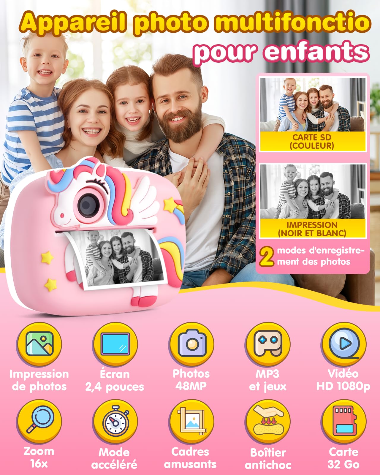 Lullu Appareil Photo Instantané Enfant, 48MP Imprimante Kid Camera 3-12 Ans | 1080P Antichoc, 32GB Carte, 4 Papier Impression, Numériques Thermique, Cadeau Jouet Noël Anniversaire pour Fille & Garcon