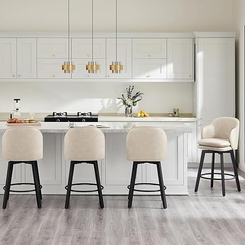 Miniatura 3 de Taburetes de bar giratorios tapizados de 26 pulgadas con respaldo y patas de madera para isla de cocina, juego de 2, piel sintética beige