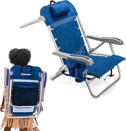 Miniatura 4 de Homevative Silla de playa plegable tipo mochila, 5 posiciones, barra para toallas, hielera, bolsa de almacenamiento, portavasos y bolsillo para