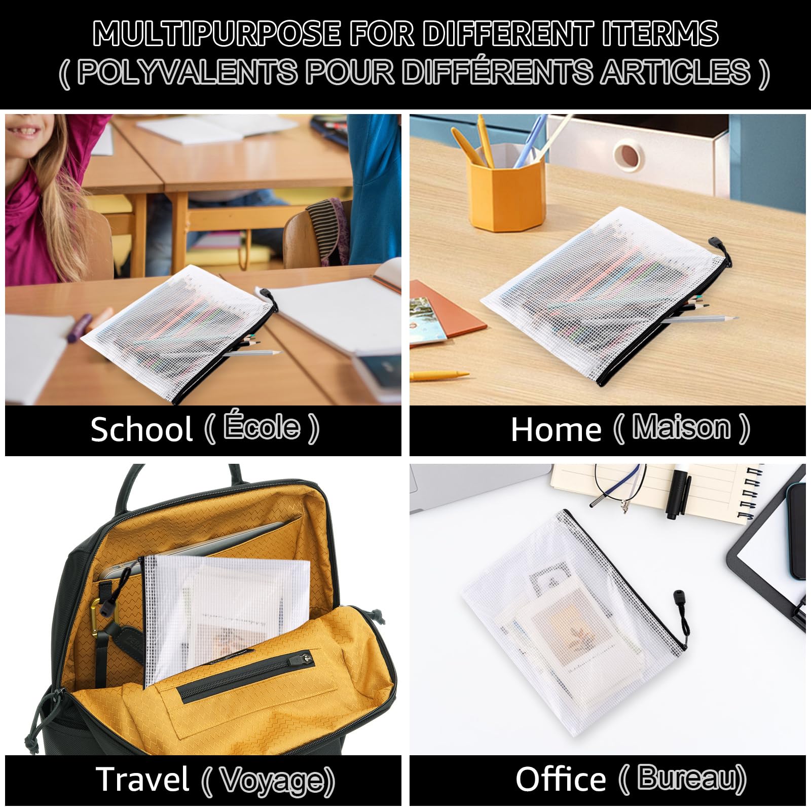 40PCS Pochette Zippée A5 Noire Transparente PVC - Document Zip Mesh Zipper Pouch pour Fichiers, Papier, Documents, Cosmétiques, Devoirs