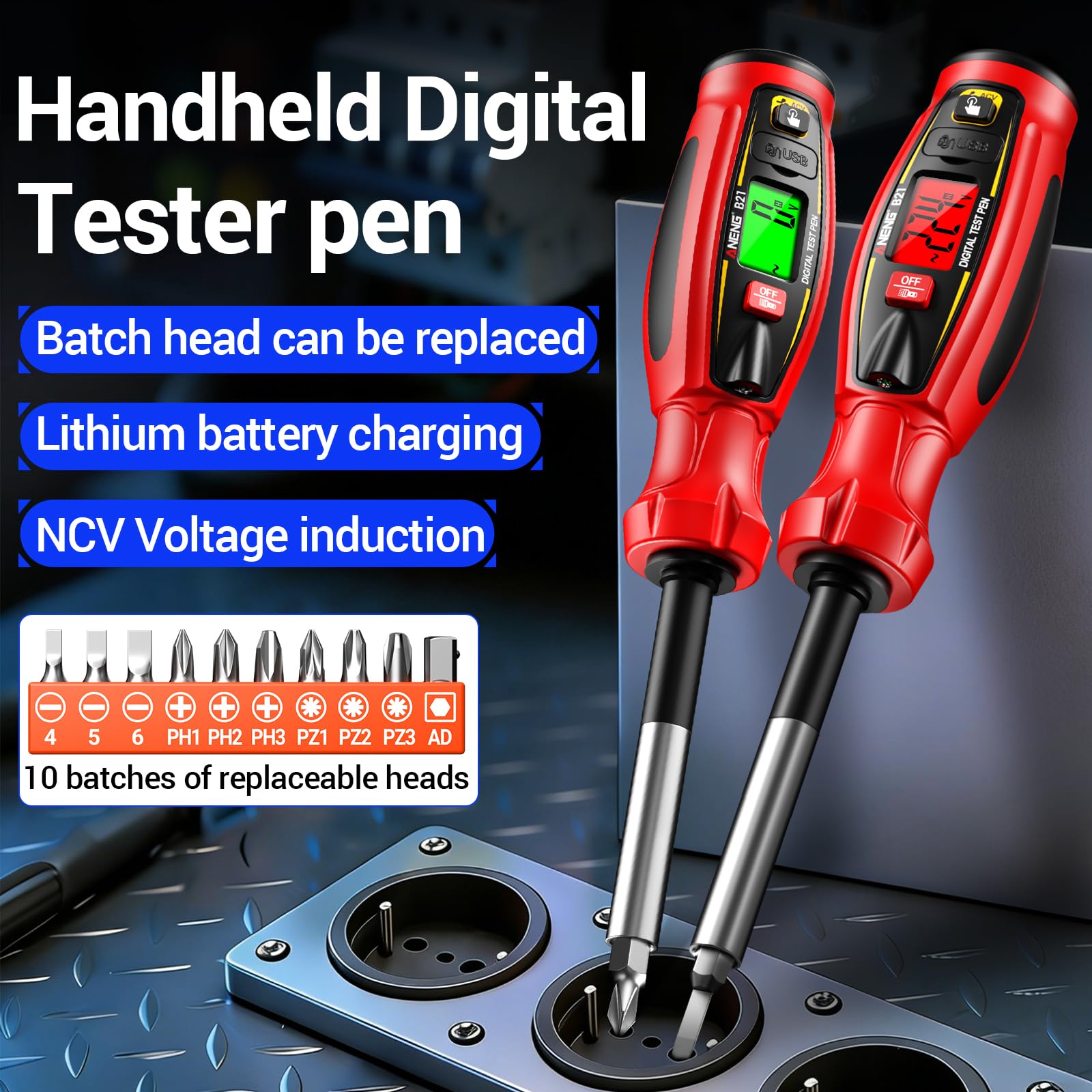 Digital Voltage Tester Pen, Non Contact Voltage Testing Pen Rechargeable AC Voltage 30V -1000V NCV Detection Replaceable 10 in 1 Batch Heads with LED Light (RED) — Amazon image 2