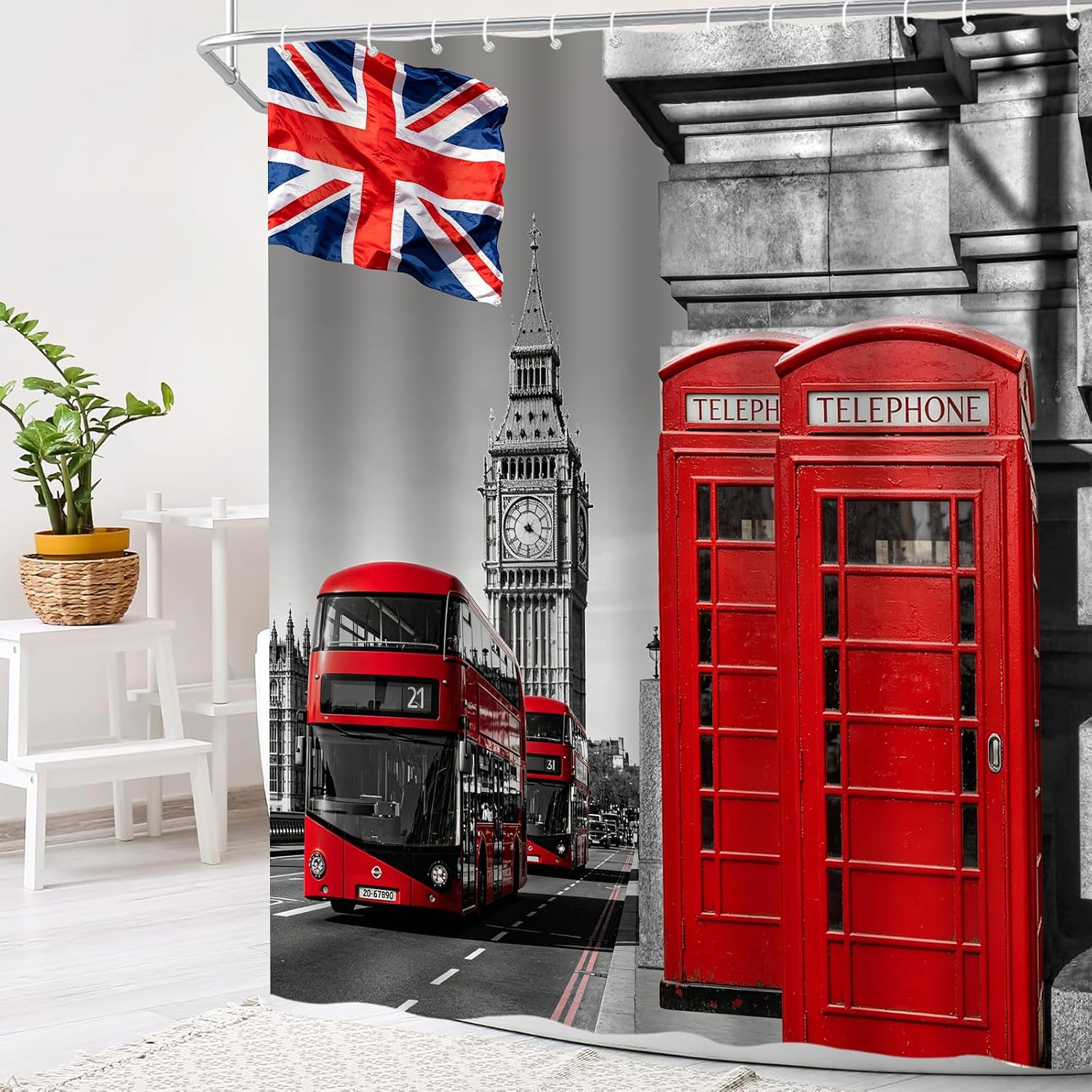 London Shower Curtain Red Telephone Booth in Street Romantic City Scenery Old Street Big Ben Vintage Traditional Local Cultural England UK Flag Retro Fabric Bathroom Curtain Set 70x70IN with Hooks
