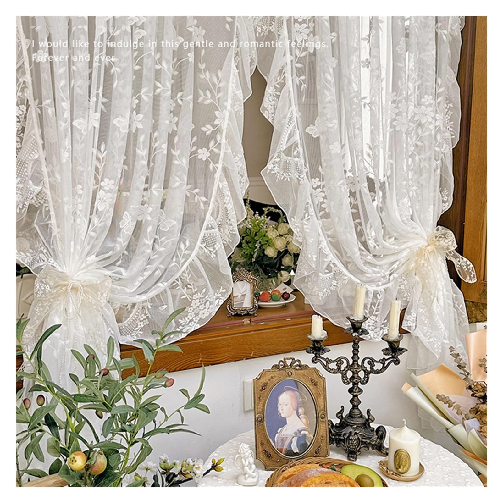 WWPMNQD Ruffled Curtains 2pc Romantic Floral Butterfly Embroidered White Sheer Curtain,Ruffled Semi Panels For Small Window for Bedroom(2PC W140 X H240CM)