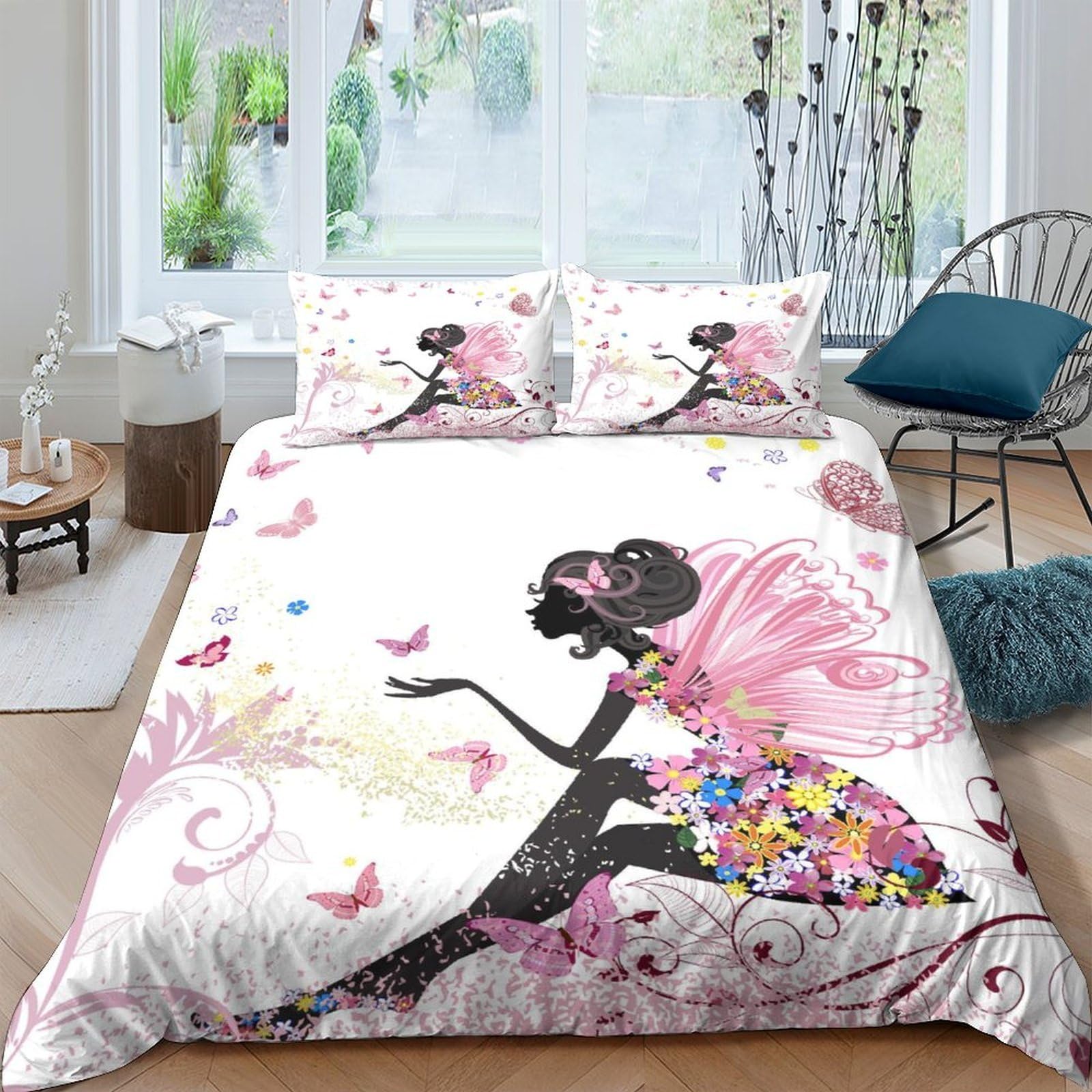 Ctjqhvkz Style-6 3D Printed Butterfly Fairy Fitted Sheet Microfiber Soft Pink Floral Bed Cover For Bedroom Guest Room Decor Single（135X200cm）