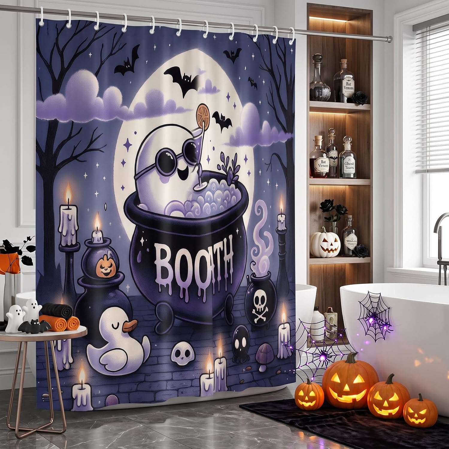 Halloween Shower Curtain 71x71in, Cute Ghost Boo Bathroom Decor