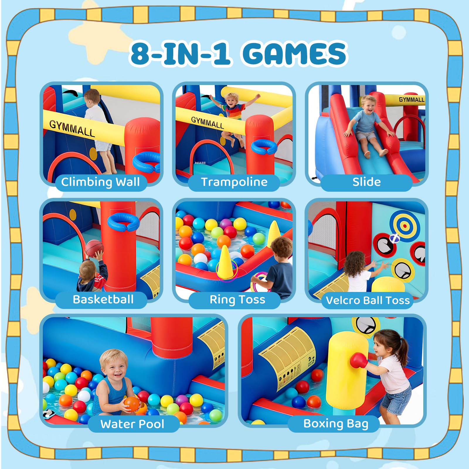 Castello Gonfiabile per Bambini – Gioco Multifunzione 8 in 1 con Scivolo, Parete da Arrampicata, Trampolino e Ventilatore 370W, Ideale per Uso Interno ed Esterno