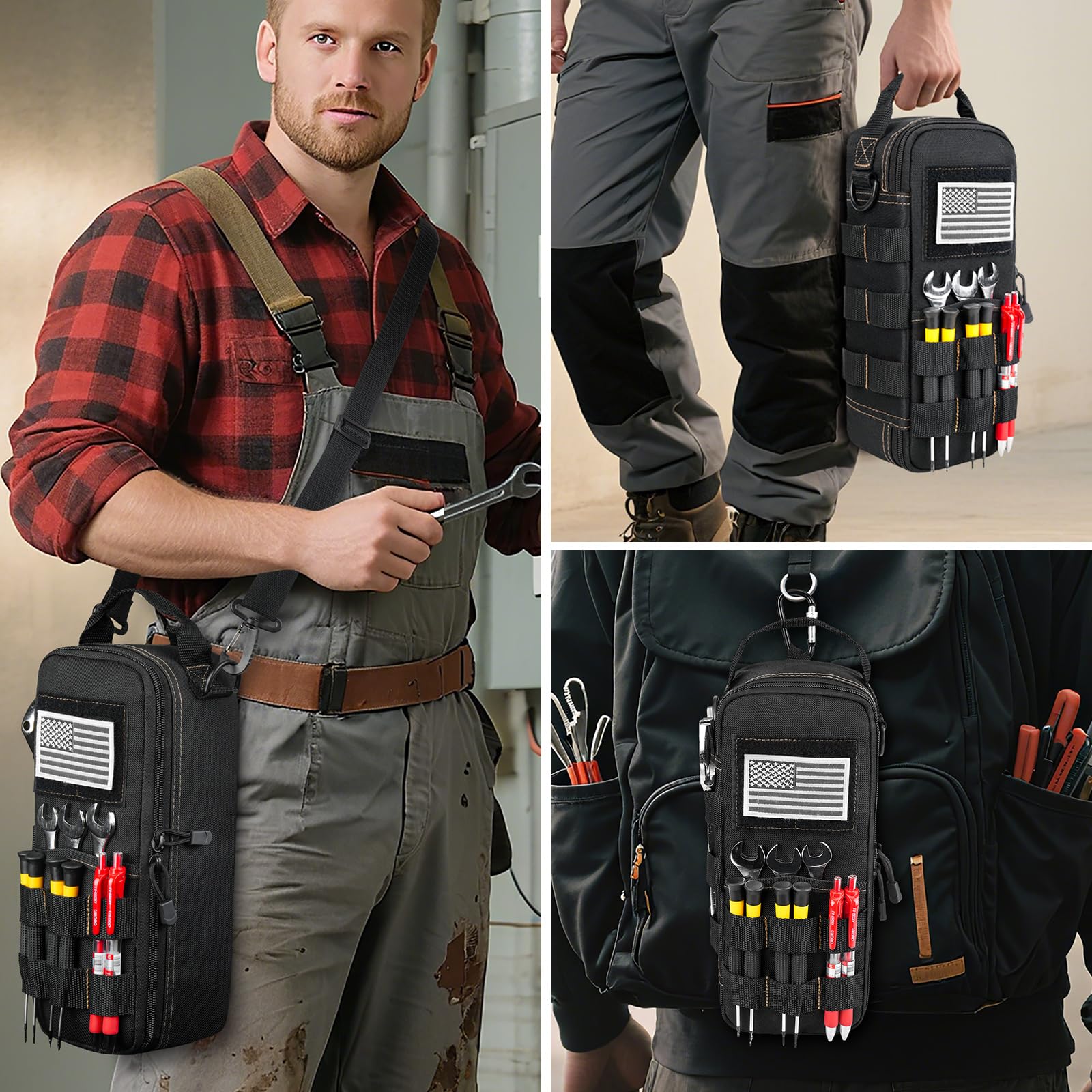 Petits Sacs à Outils Robustes pour Hommes avec Mousqueton,Pochette à Outils Tactique,étui de Rangement Portable Utilitaires avec Bandoulière pour EDC,Camping,Voyage en Voiture,électriciens