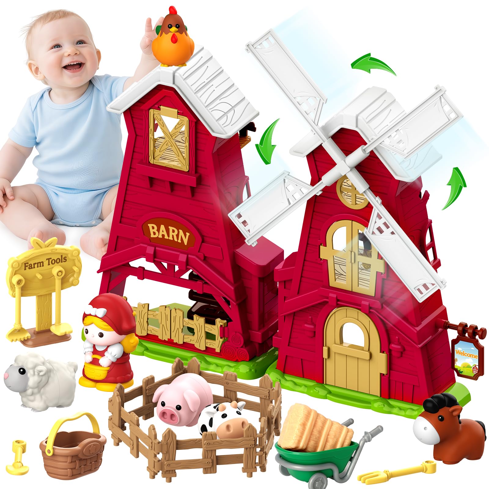 Farm Animals Barn Toys for 1 2 3 Year Old, Montessori Learning Toy for Toddlers, Farm Playset with Animal Figures and Accessories, Christmas Birthday Gift for Boys Girls Baby 12-18 Months
