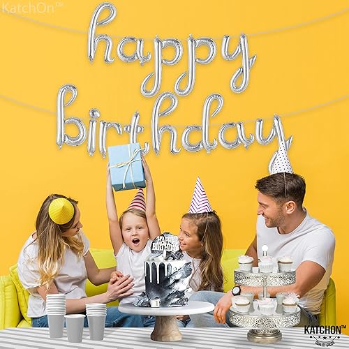 Miniatura 4 de KatchOn Cartel de globos plateados de feliz cumpleaños 16 pulgadas globo de escritura de feliz cumpleaños decoraciones de fiesta de cumpleaños