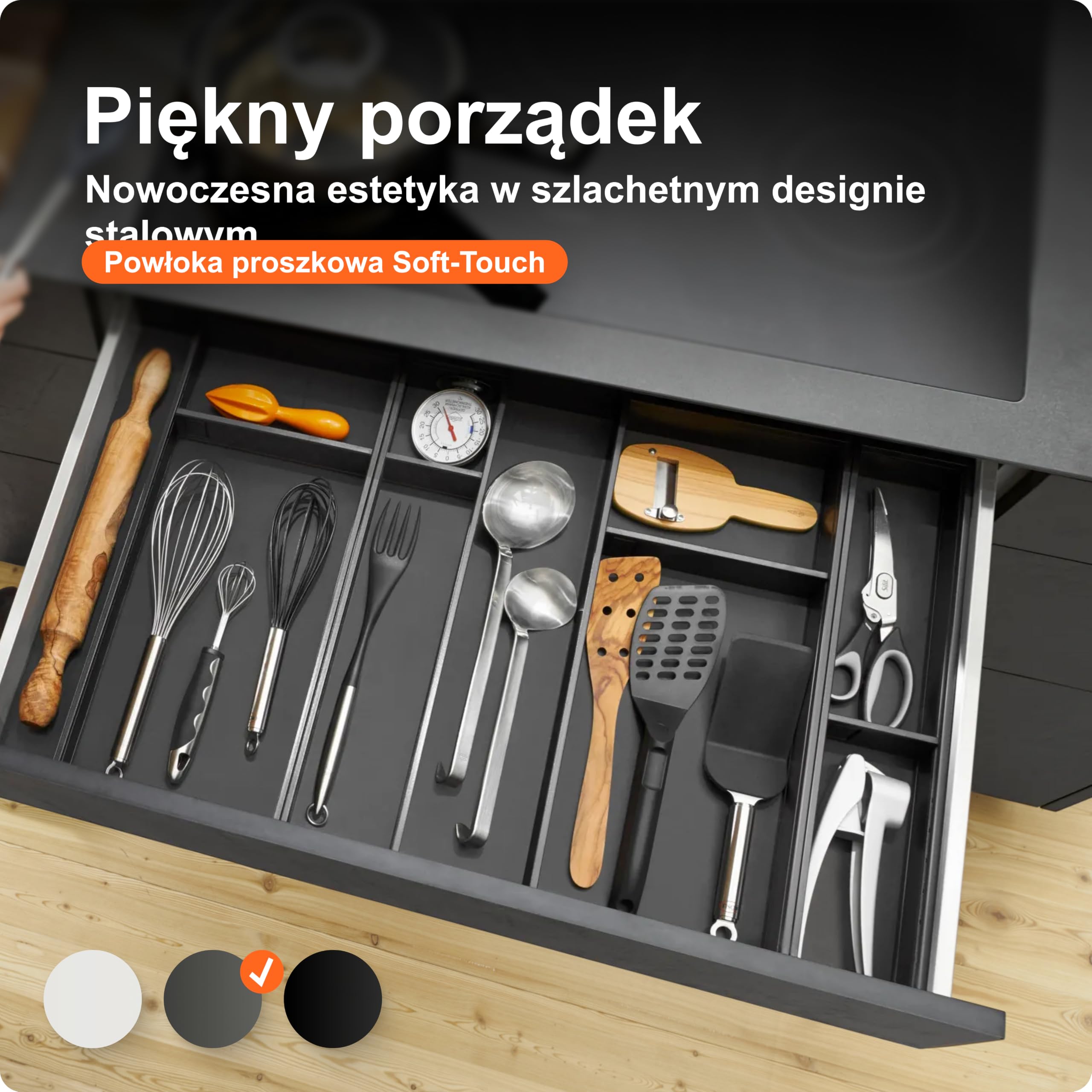 blum AMBIA-LINE organizer szuflady ze stali lakierowanej proszkowo | idealny do kuchni, łazienki i pokoju | rozszerzalny modułowo | 42×10×5 cm | z płytką magnetyczną | Szary Orion