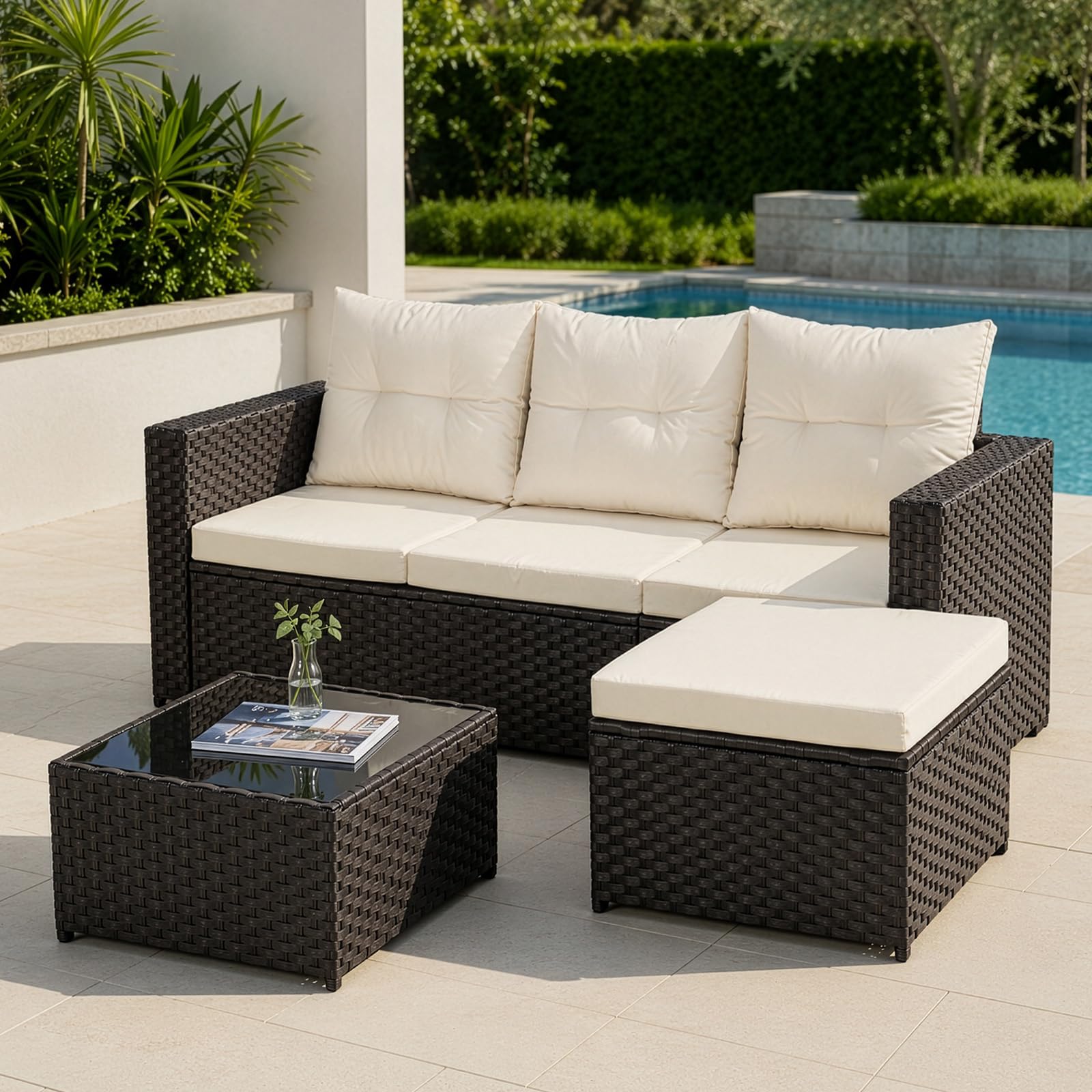 Polyrattan Gartenmöbel-Set Lounge für 3–4 Personen – Ecksofa Sitzgruppe mit Tisch & Hocker, wetterfeste Gartenmöbel-Sets für Balkon, Terrasse & Garten (Braun)