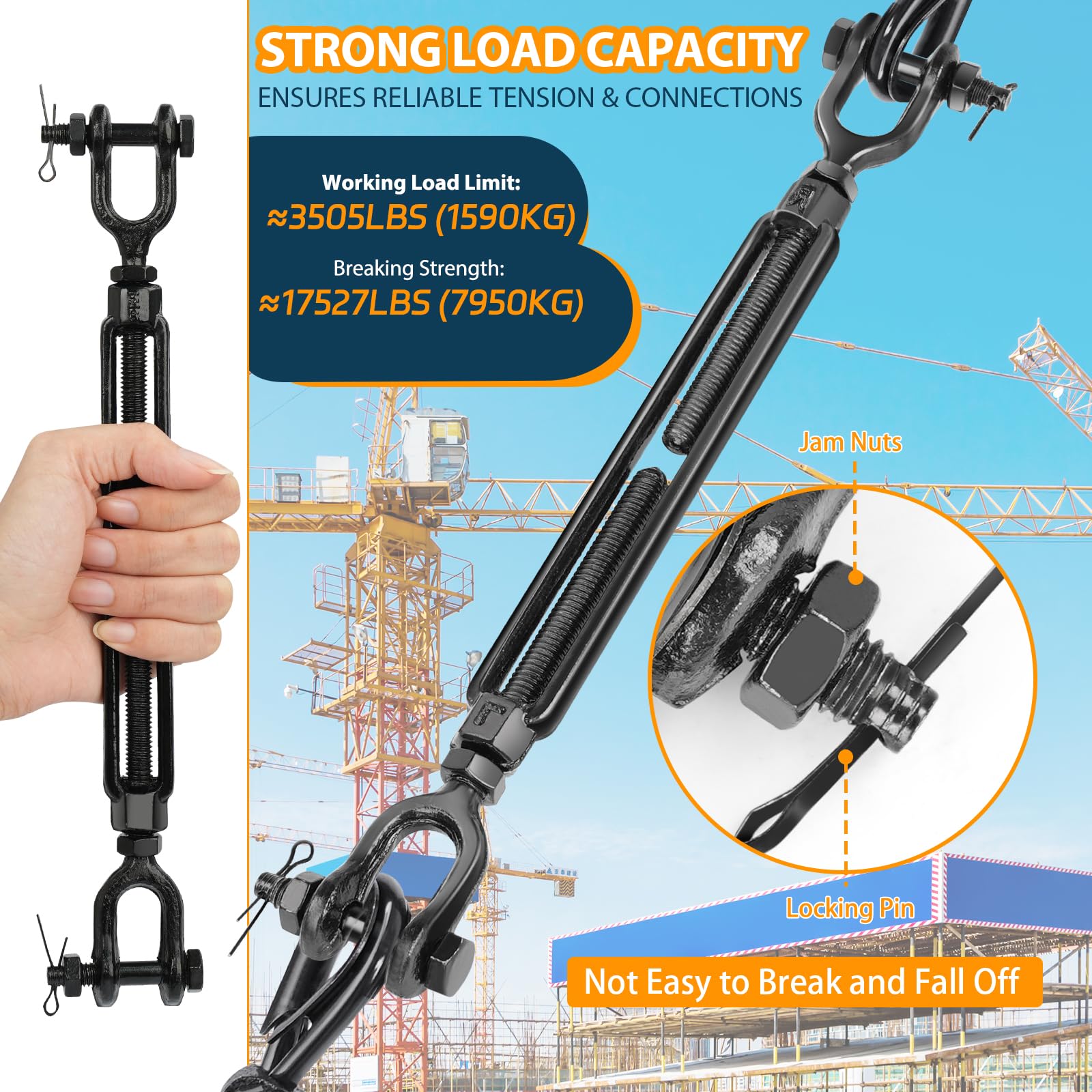 Tenditore resistente con ganasce e ganasce, 1589,8 kg, tenditore grande per cavi metallici, kit anti abbassamento del cancello, ponte di recinzione, tenda parasole