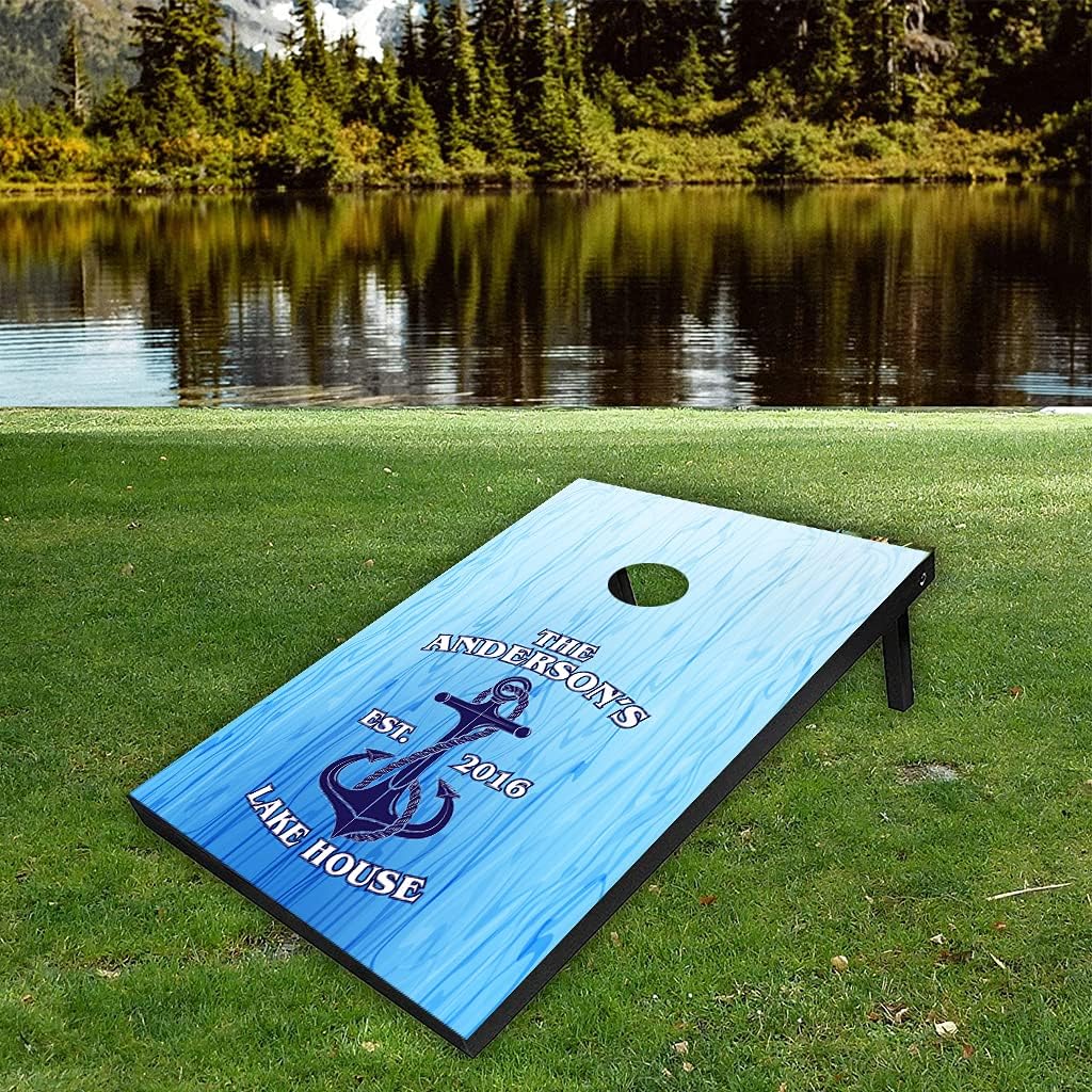 VictoryStore Cornhole: Custom Lake House Cornhole Bag Toss Custom Text, (Blue) Includes 8 Bags