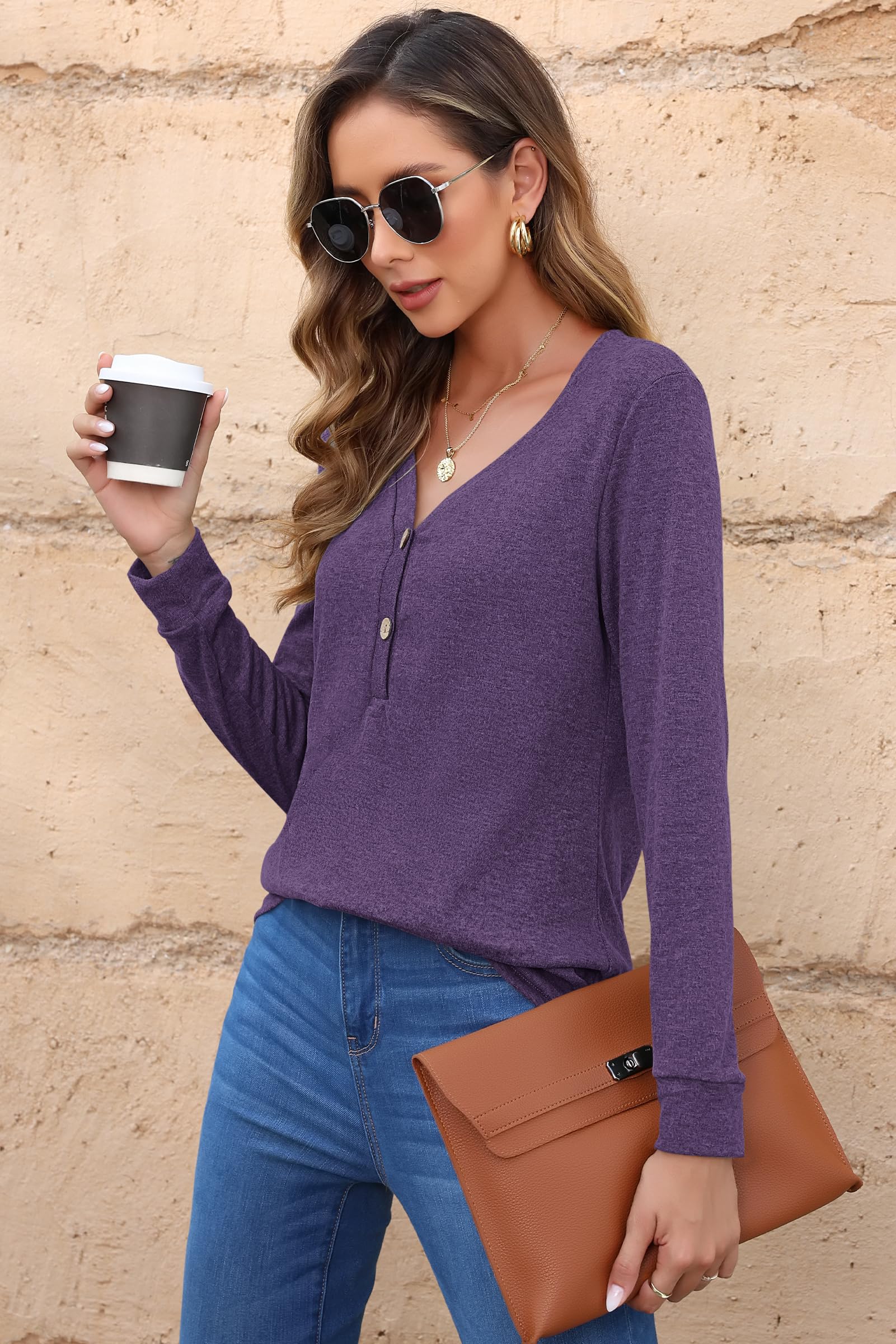 AUSELILY Damen Pullover Langarm V-Ausschnitt Knopf Tunika Oberteile Henley Blusen Kausales Lose T Shirts
