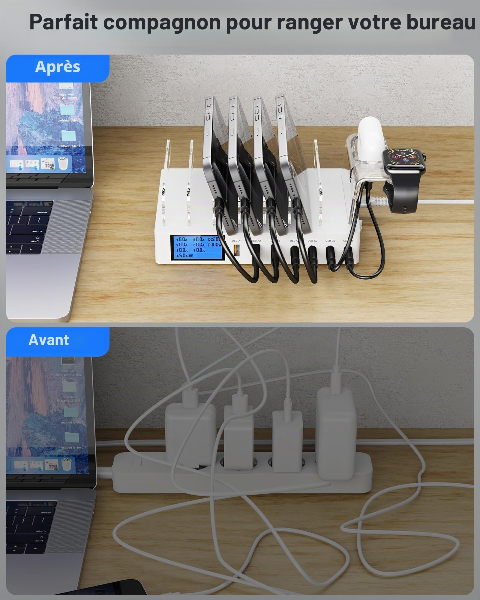 Station de Charge USB pour Plusieurs Appareils, 7-Port USB Multi Charge 245W avec 7 Câbles, Station Chargement avec écran LCD, Compatible avec Téléphones, Tablettes et Autres appareils - Blanc