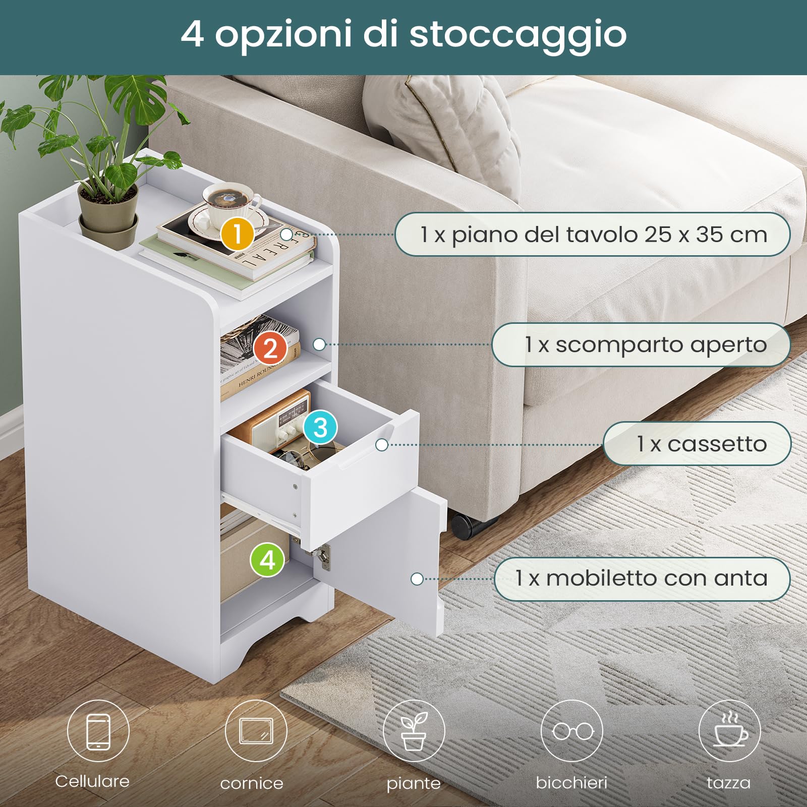 Brinlawb Comodino stretto, comodino con 1 scomparto aperto, 1 cassetto e 1 armadio con anta, tavolino sottile per soggiorno, camera da letto, perfetto per piccoli angoli, bianco