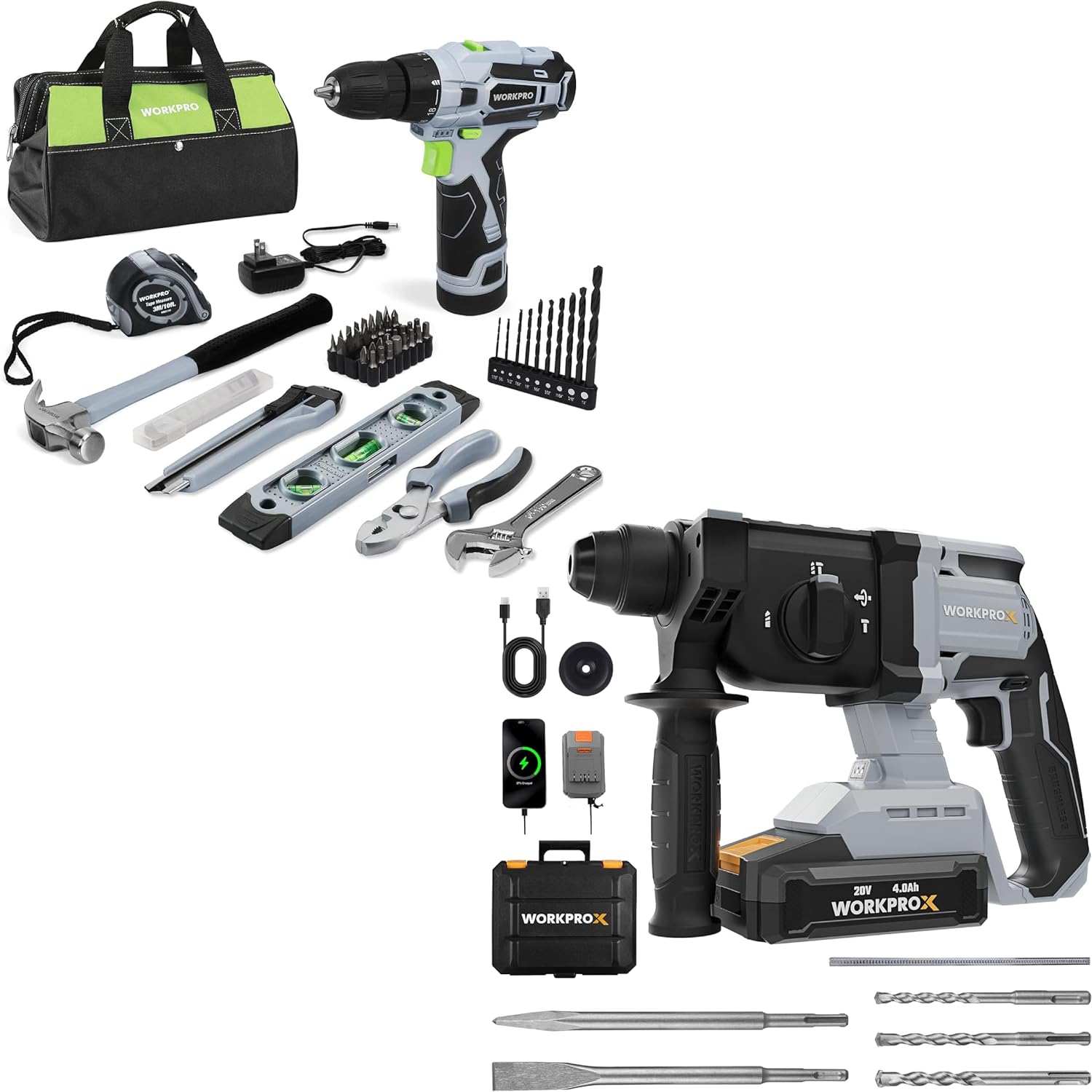 WORKPROX 20V Rotomartillo Inalámbrico y Taladro Atornillador 12V Kit Herramientas
