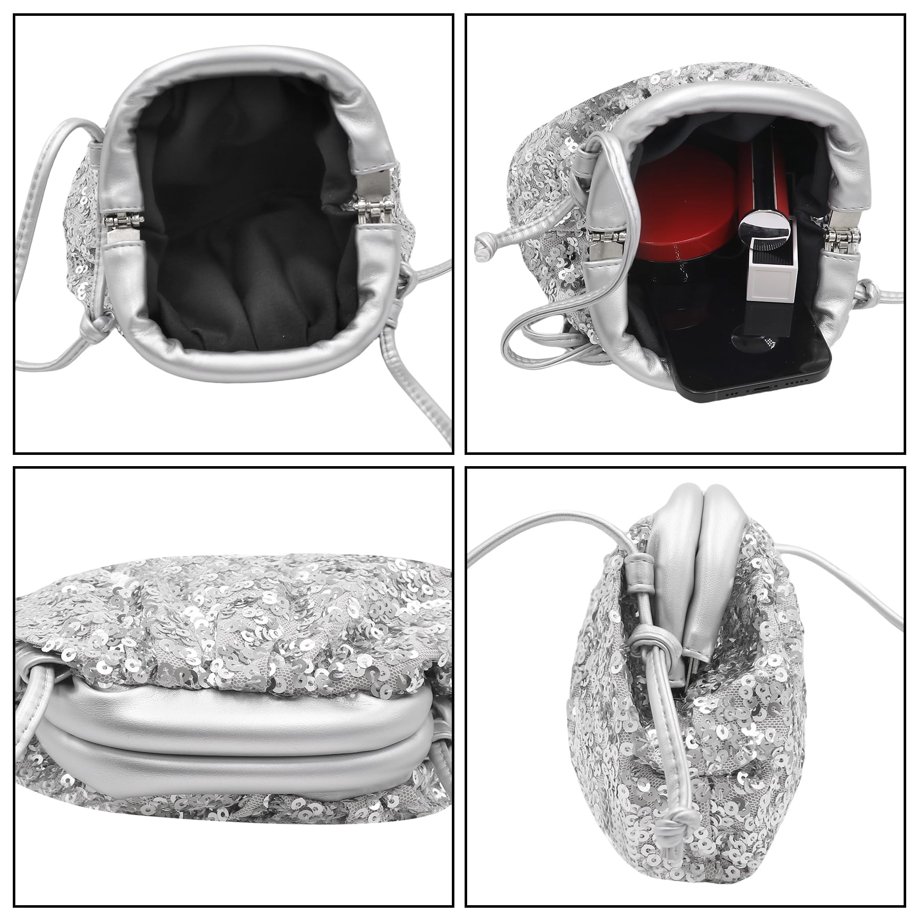 MINGSEECESS Women Fashion Cloud-Shaped Dumpling Bag Metallic Ruched Crossbody Cell Phone Bag Clutch Shoulder Handbag