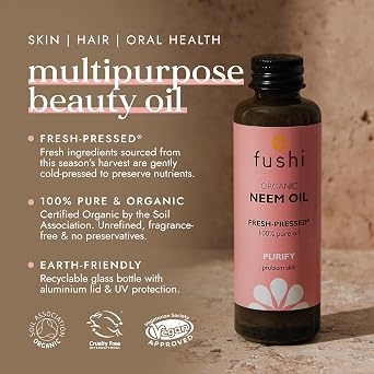 Fushi Organic Neem Oil, Virgin & Fresh-Pressed, Extracted from the Neem Tree, Best for Itchy Scalp, Skin Redness & Irritated Skin, Ethical & Vegan, Manufactured in UK, 50 ml